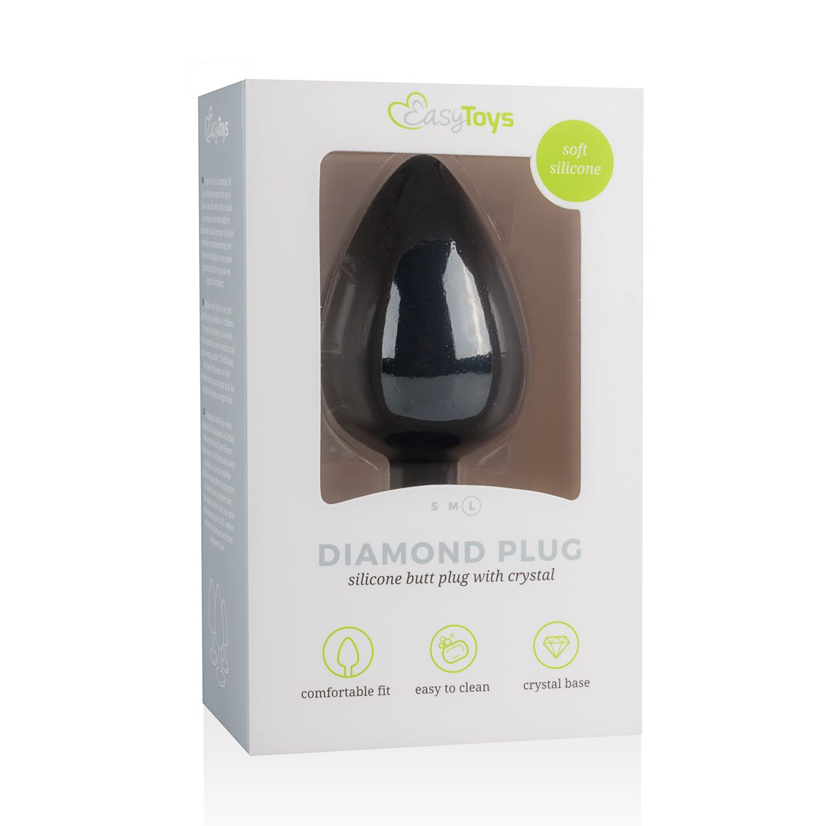 Ein schwarzer diamantförmiger Analplug in einer weißen Schachtel. Auf der Schachtel steht 'EasyToys', 'soft silicone' und 'DIAMOND PLUG'.