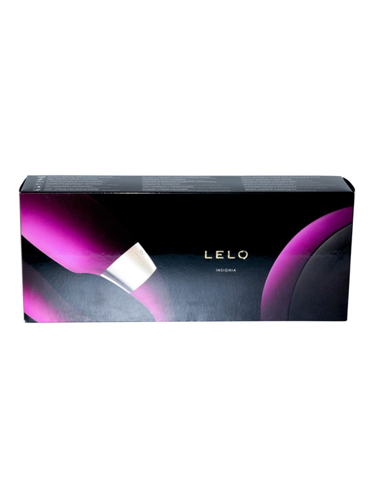 Caja de vibrador Lelo Insignia. Caja negra con diseño curvo rosa y morado, nombre de la marca visible.
