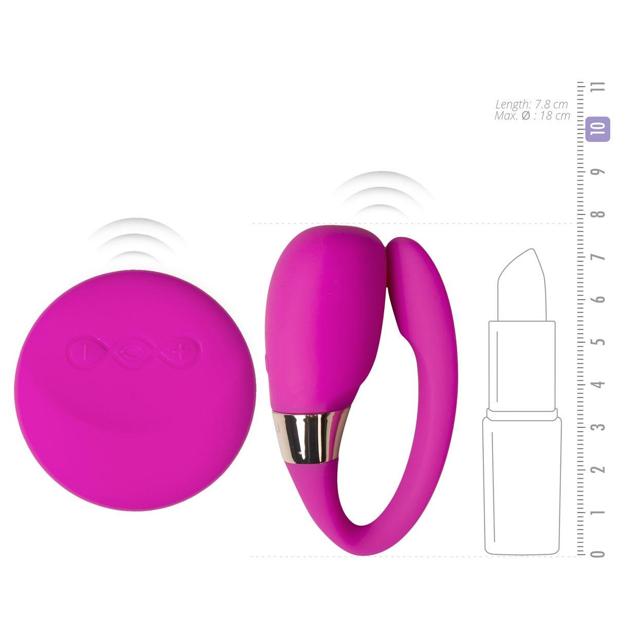 Un vibrador rosa con mando a distancia y un lápiz labial al lado.