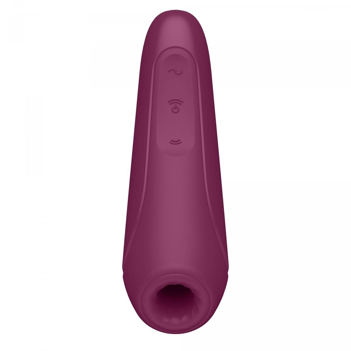 Głęboko fioletowa zabawka erotyczna. Ma gładki, zaokrąglony kształt z otworem na końcu.