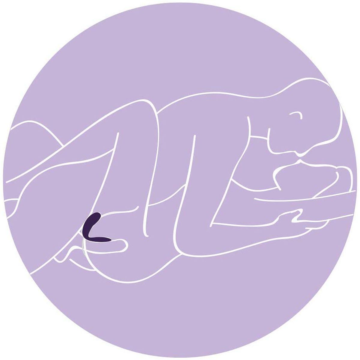 Rysunek liniowy dwóch osób w intymnym uścisku, wewnątrz fioletowego okręgu.