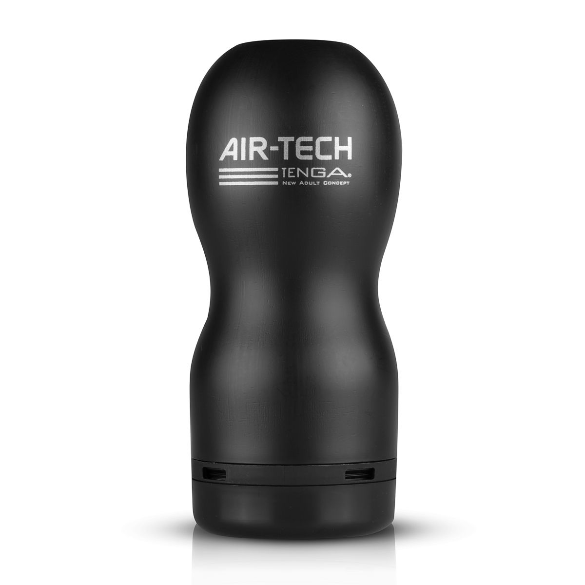 Czarny gadżet erotyczny dla dorosłych. Cylindryczny kształt z tekstem: AIR-TECH TENGA NEW ADULT CONCEPT.