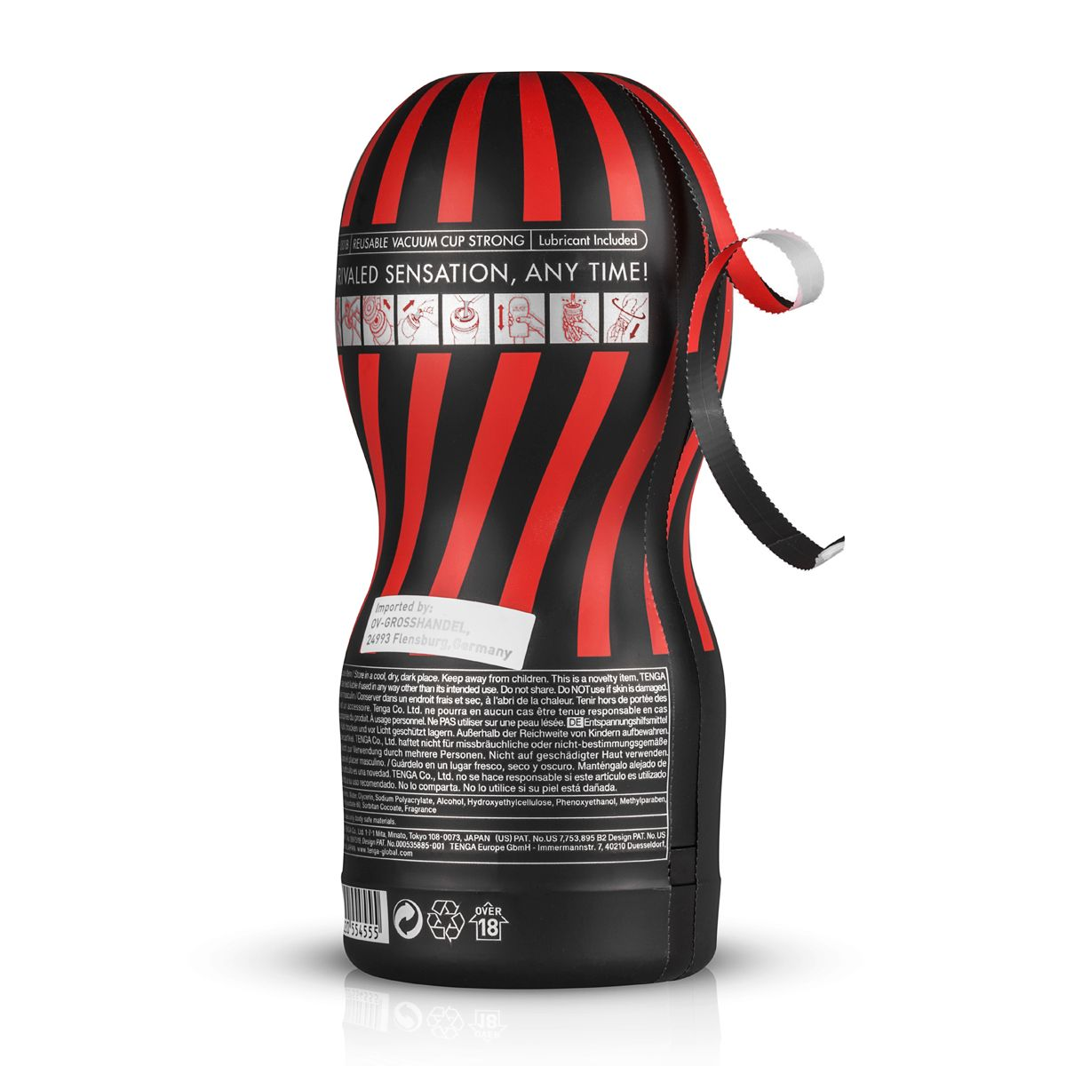 Czarno-czerwone opakowanie zabawki erotycznej w paski. Tekst na opakowaniu. Czerwona wstążka jest częściowo rozwinięta.