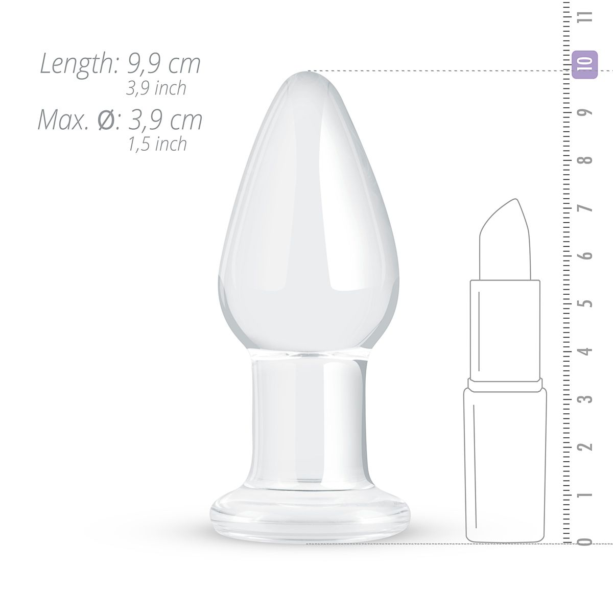 Transparenter Glas-Anus-Plug neben einer Lippenstift-Tube, mit Maßangaben.
