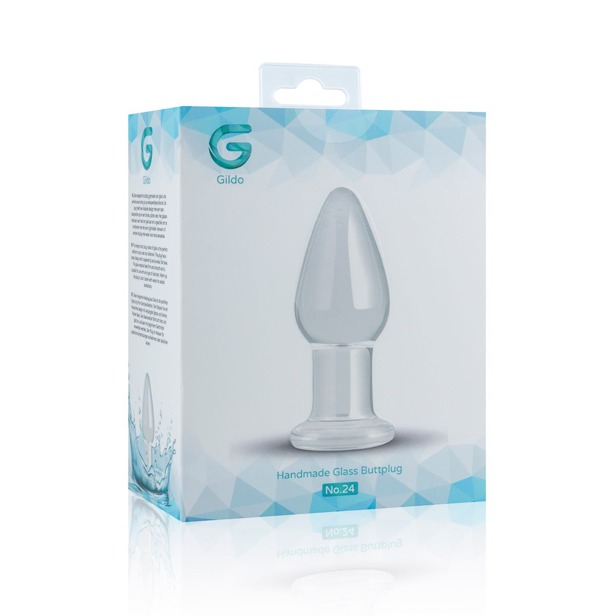 Ein Glas-Butt-Plug in einer Box mit Text und Logo.