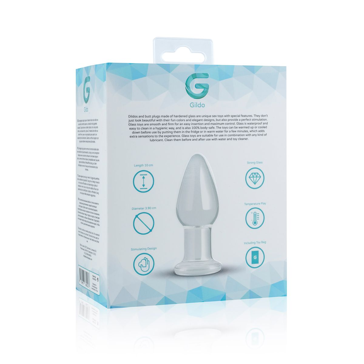 Durchsichtiger Glas-Buttplug in einer Box mit Text. Weißer Hintergrund.