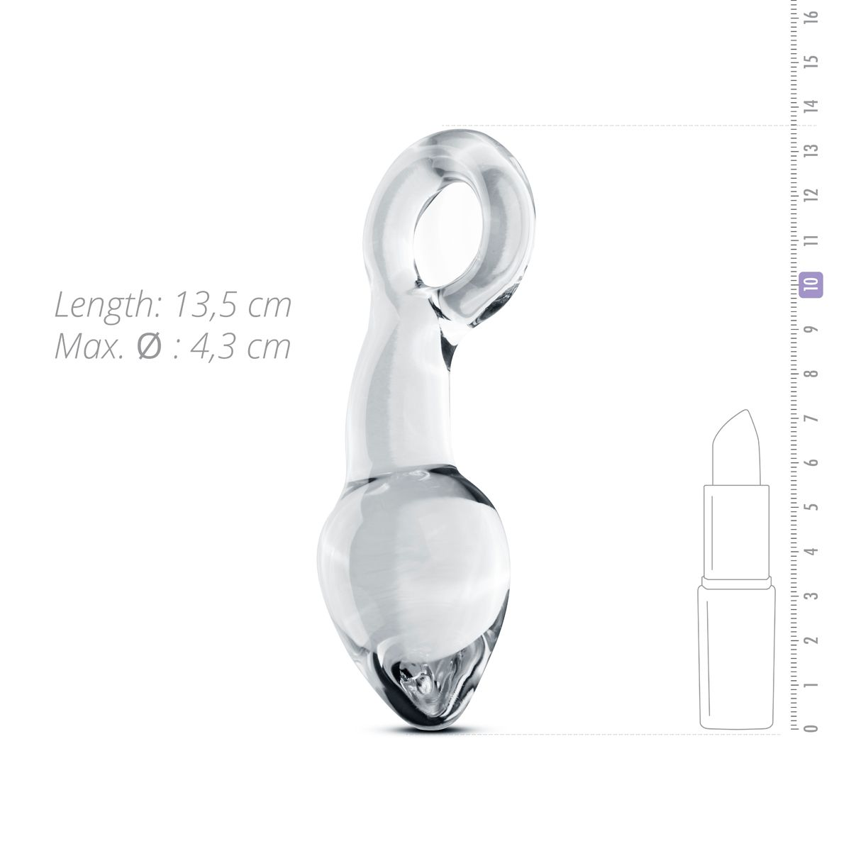 Transparenter Sexspielzeug mit Maßen. Weißer Hintergrund. Länge 13,5 cm, max. Ø 4,3 cm.