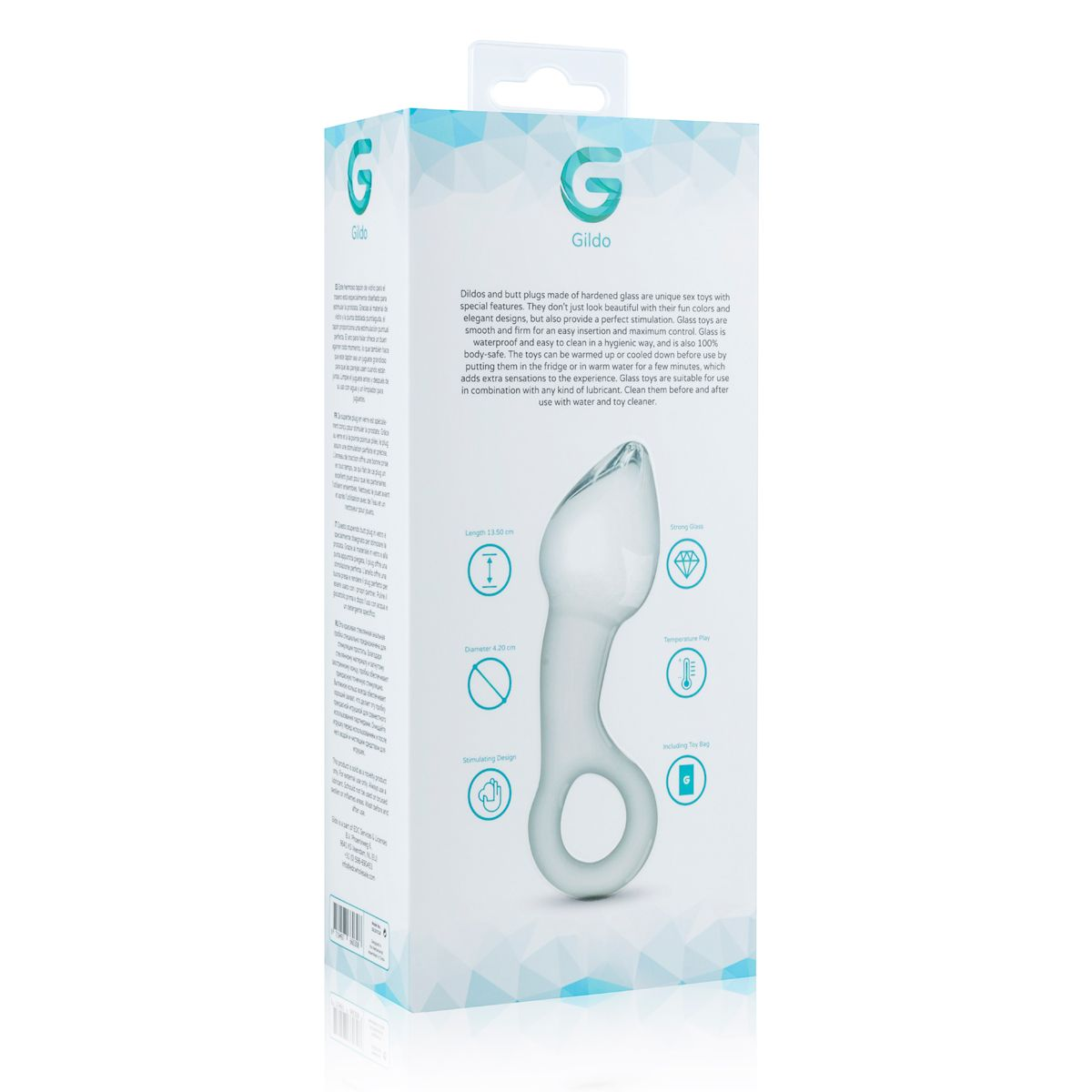 Ein klarer Glas-Buttplug in einer weißen Box, mit einem Ring am Ende. Text und Diagramme befinden sich auf der Box.