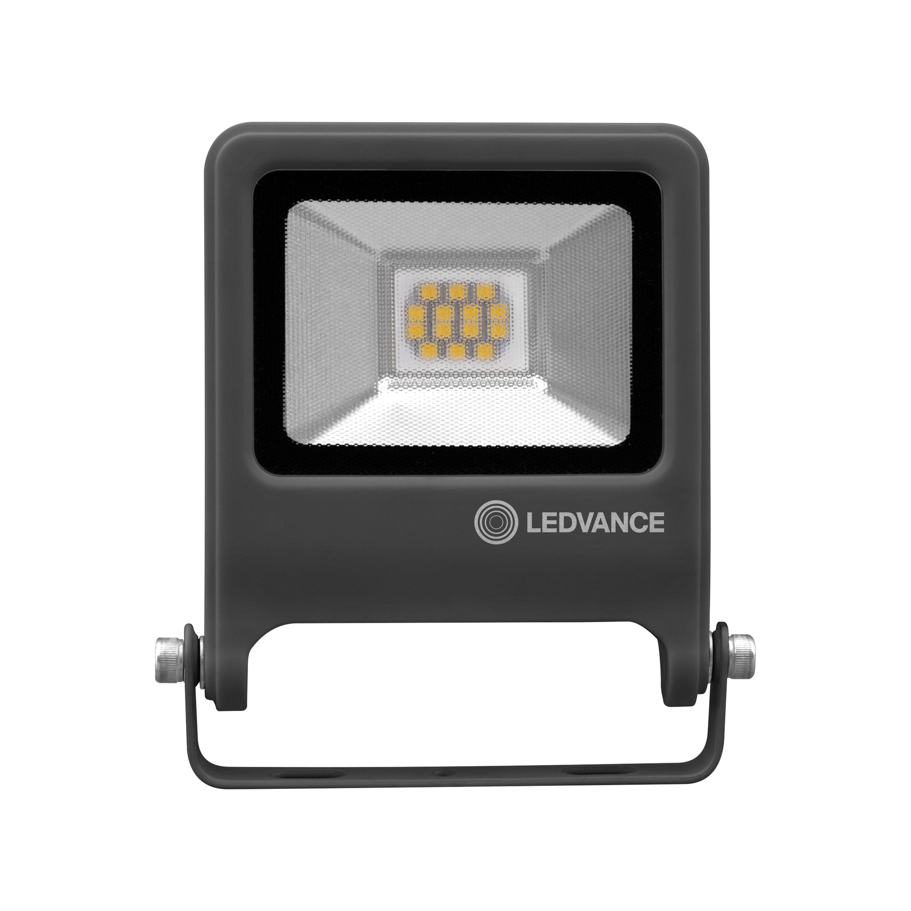 Schwarzer quadratischer LEDVANCE-Flutlichtstrahler mit Griff und sichtbaren LEDs.