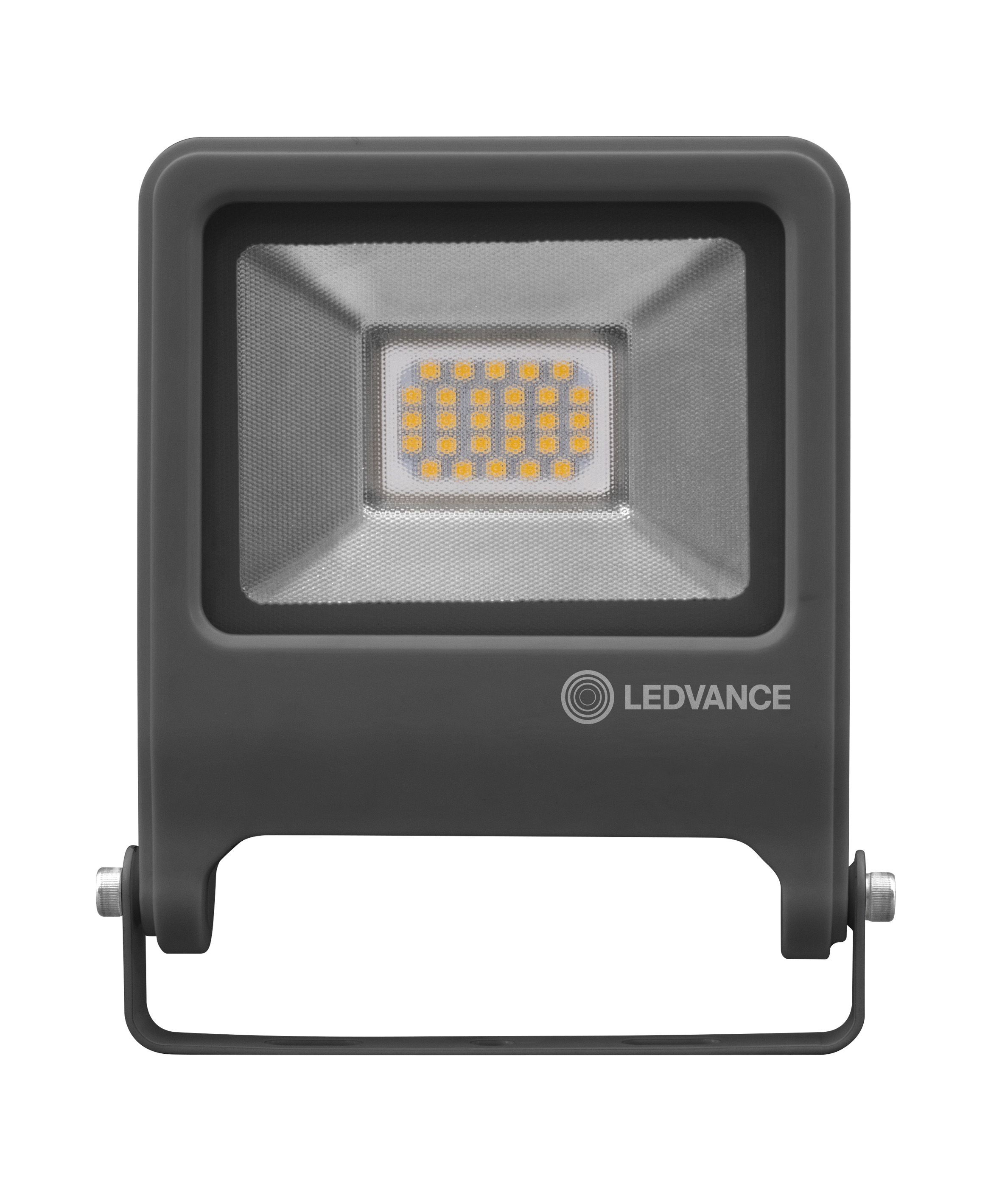 Dunkelgrauer LED-Flutlichtstrahler mit LEDVANCE-Logo, weißer Hintergrund.