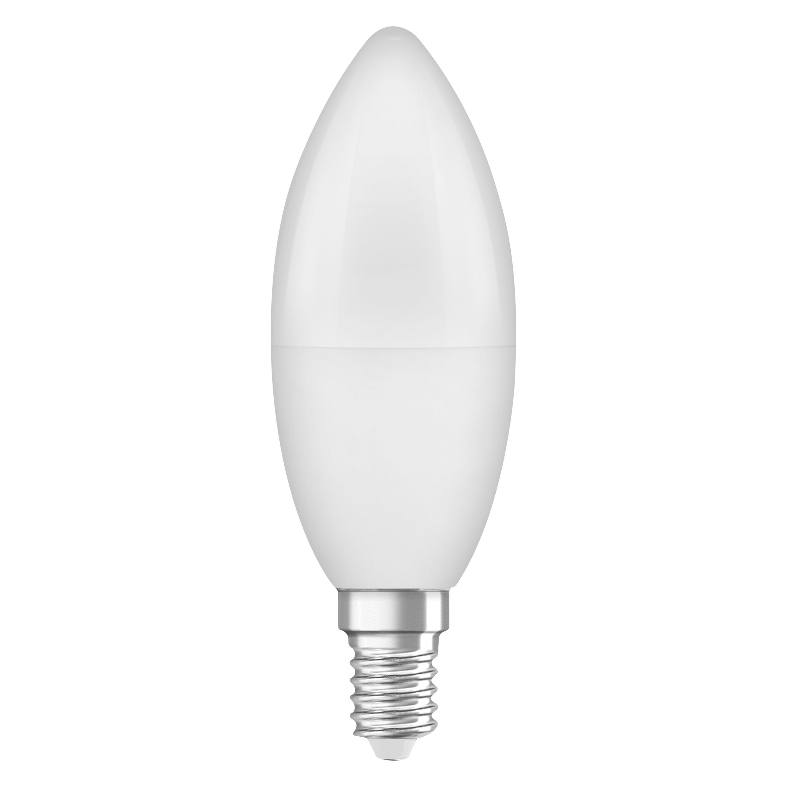 Une ampoule LED blanche en forme de bougie sur fond blanc.