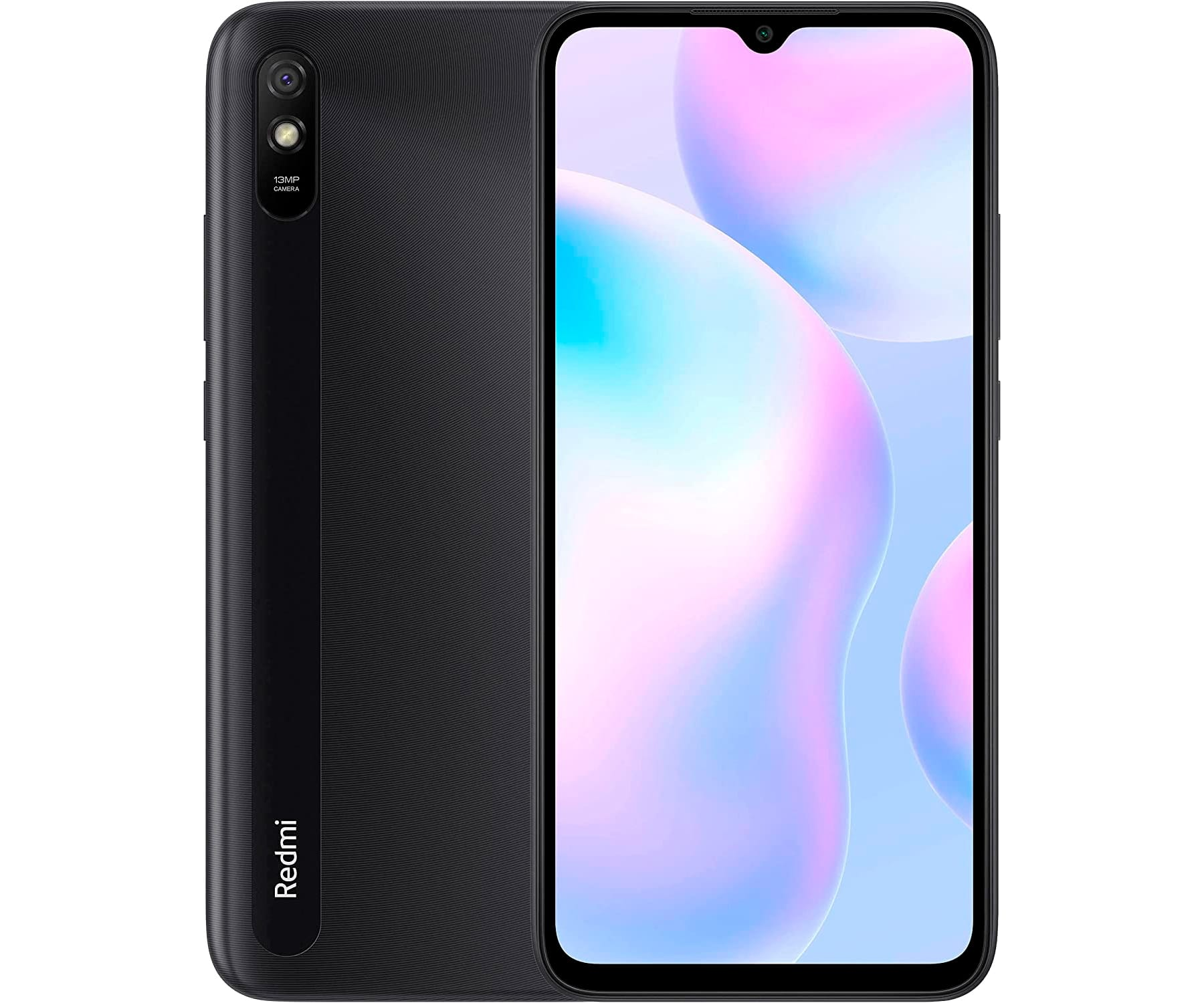 Czarny smartfon Redmi, pokazujący tył i przód. Przód wyświetla kolorowy obraz.