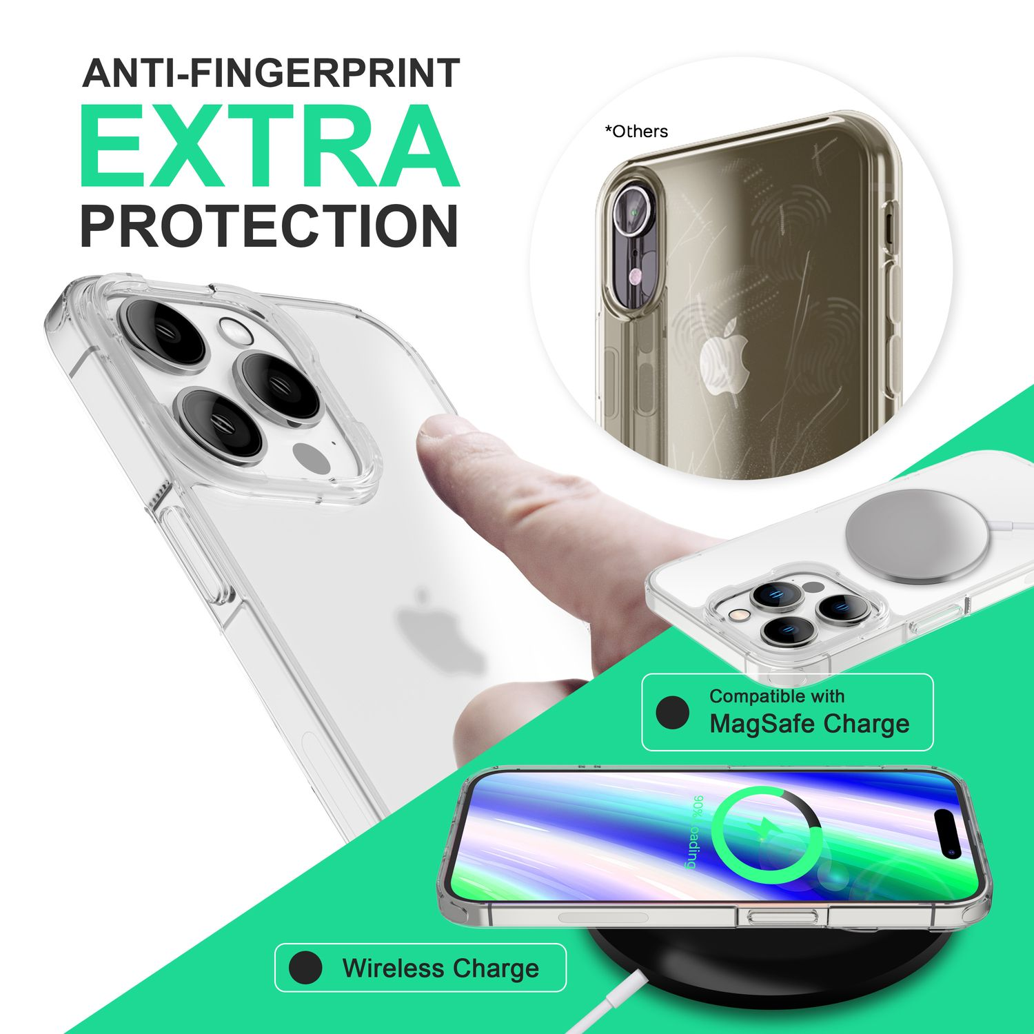 Una funda para iPhone con protección extra anti-huellas, carga MagSafe y carga inalámbrica. Fondo blanco.