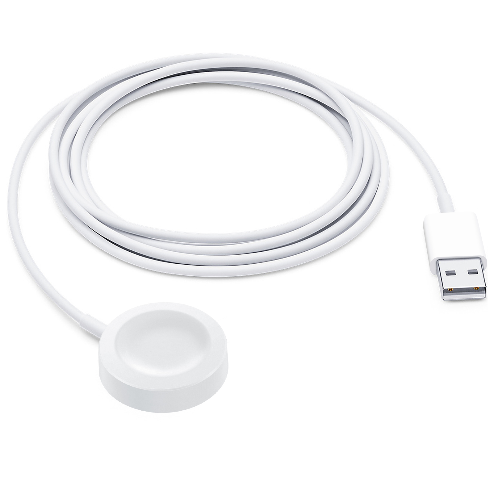 Cavo caricatore bianco Apple Watch con connettore USB e disco di ricarica su bianco.