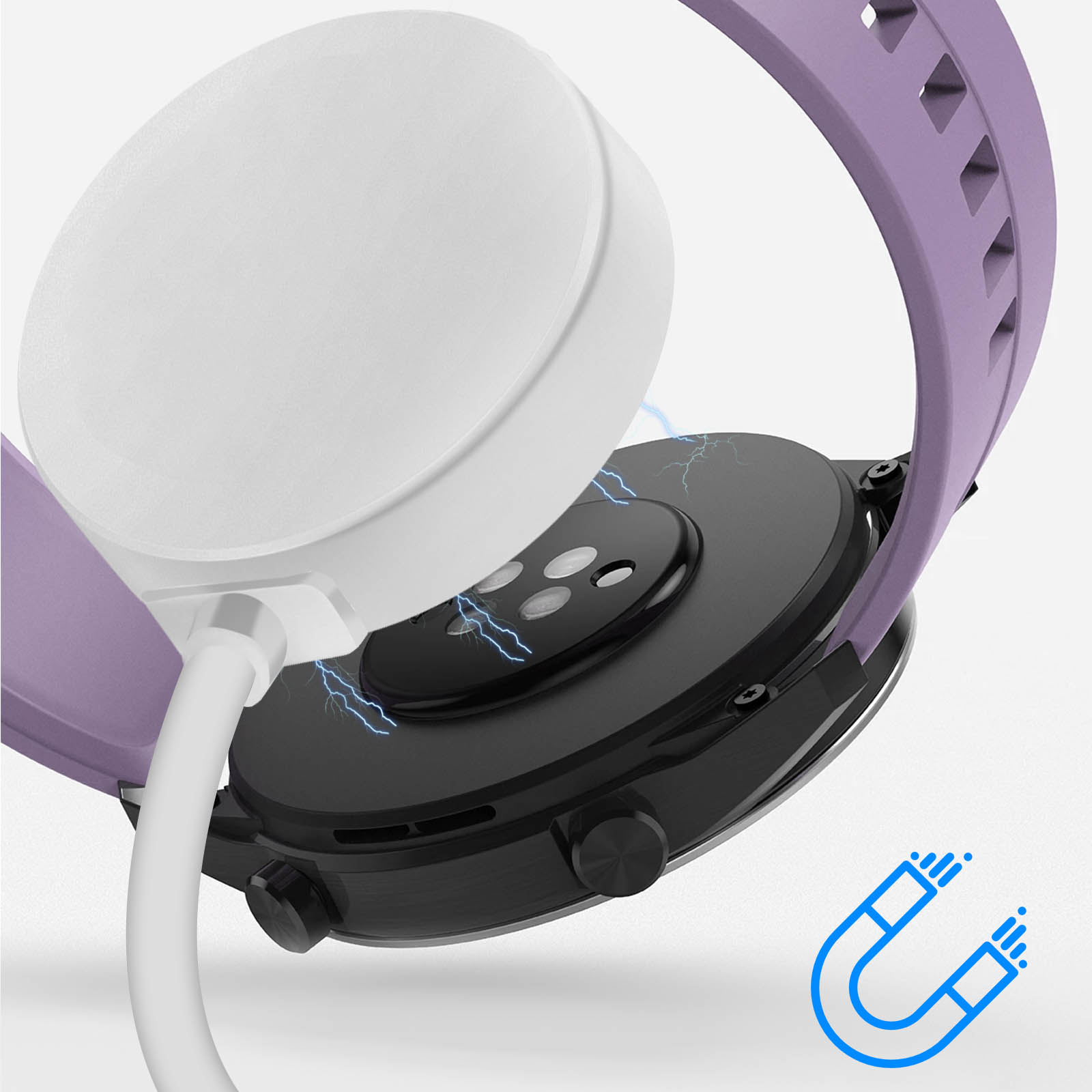 Ricarica smartwatch con caricatore bianco. Cinturino viola e ricarica magnetica.