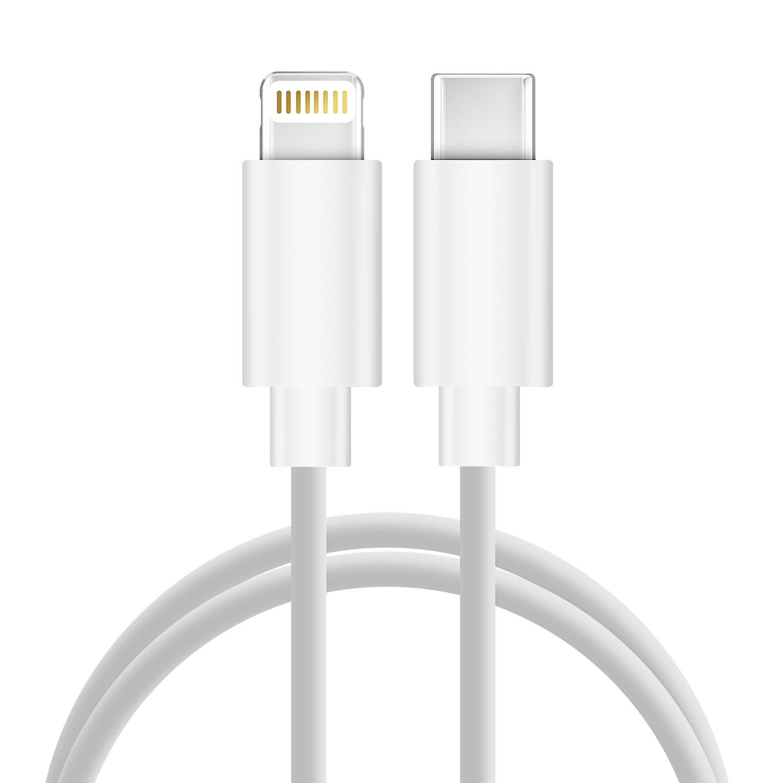 Weißes Ladekabel mit Lightning- und USB-C-Anschlüssen. Das Kabel befindet sich auf weißem Grund.
