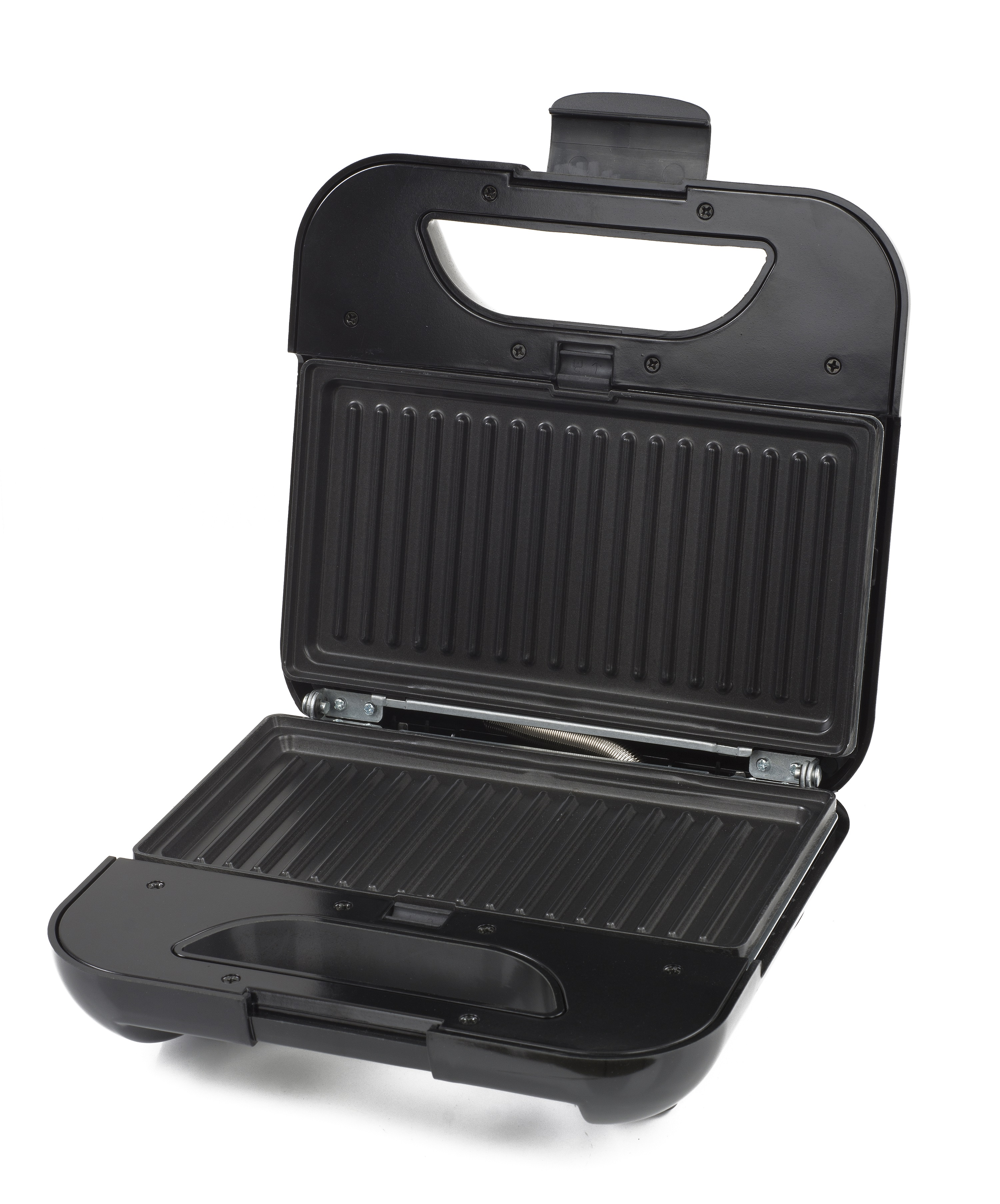 Schwarzer Sandwichmaker, offen, mit Grillplatten.