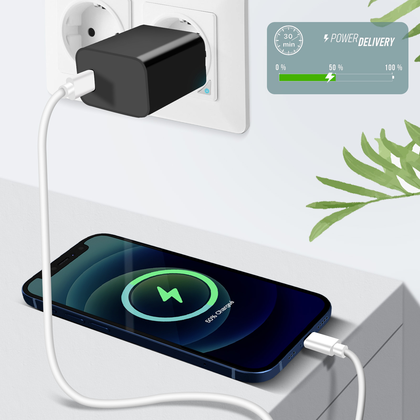 Ein schwarzes Ladegerät an einer Steckdose mit einem weißen Ladekabel, das mit einem Telefon verbunden ist.