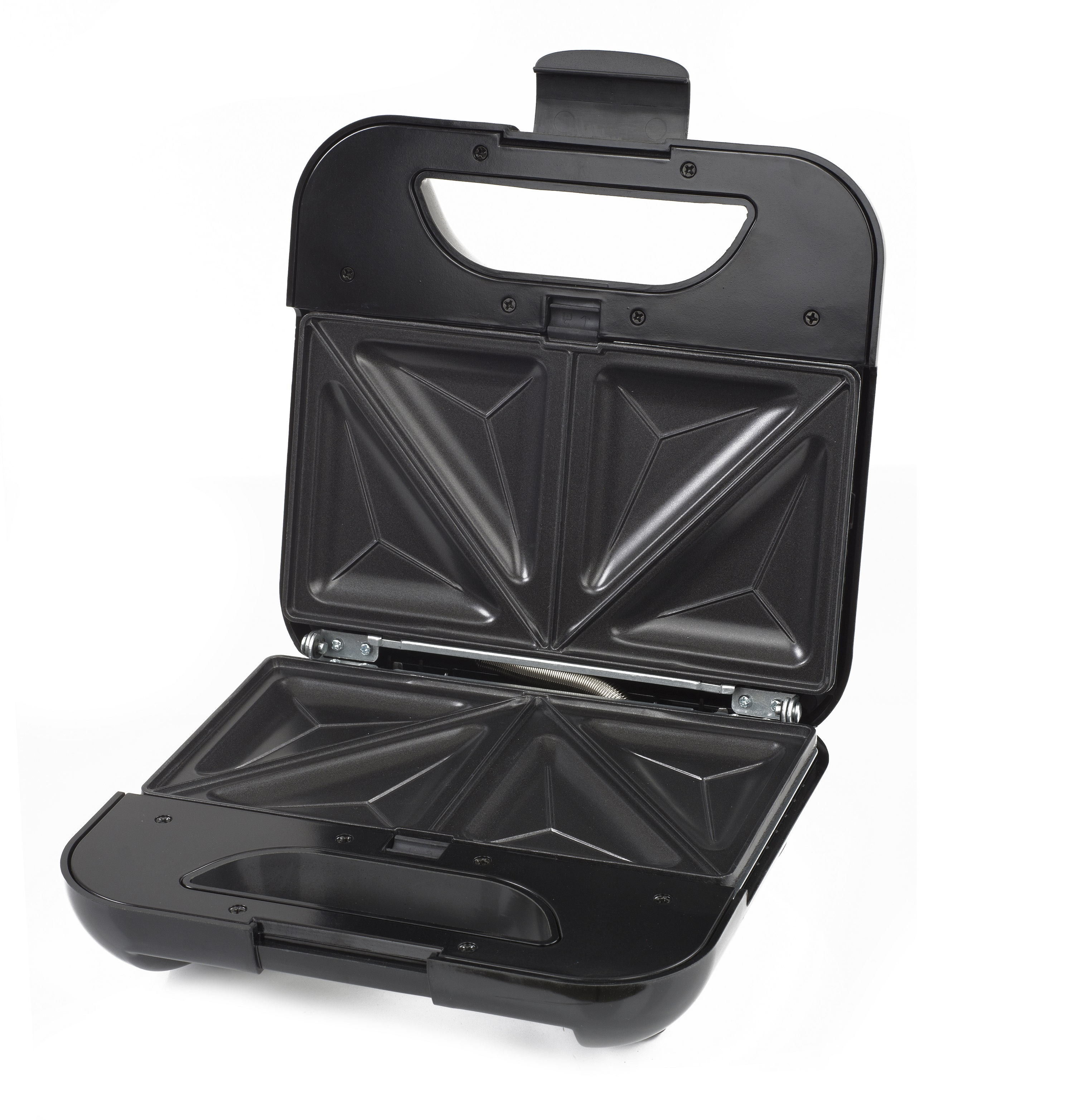 Schwarzer Sandwichmaker, geöffnet, auf weißer Oberfläche. Innen dreieckige Formen.