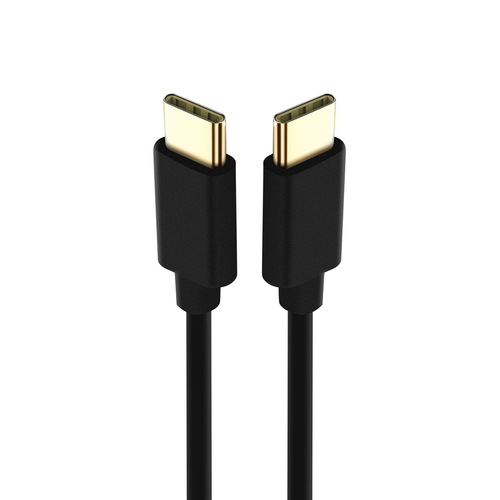 Due cavi USB-C neri con connettori dorati, primo piano su sfondo bianco.