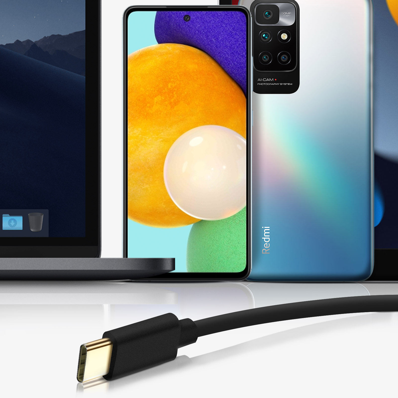 Uno smartphone e altri due telefoni, con un cavo USB-C nero in primo piano.