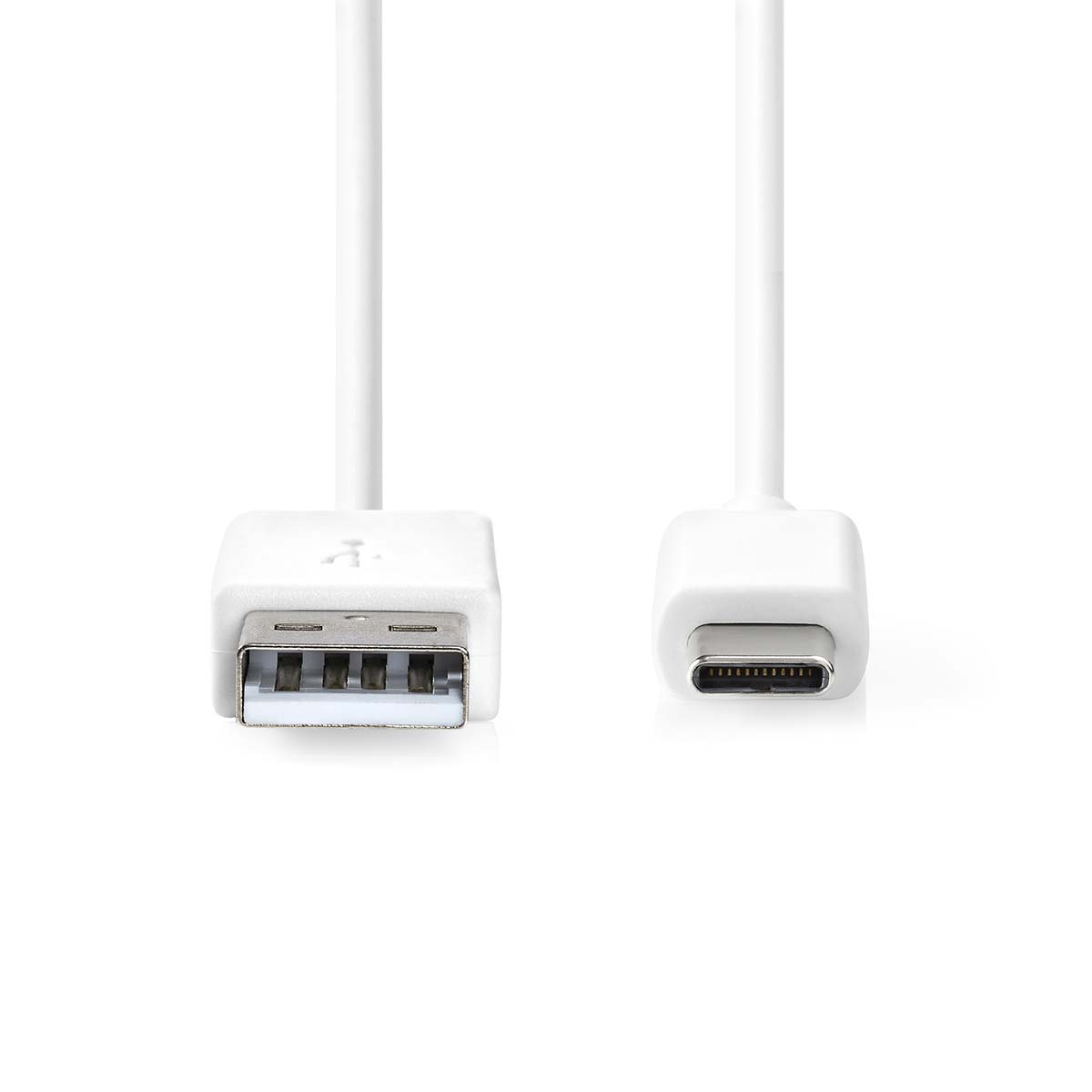 Ein weißes USB-zu-USB-C-Kabel mit zwei weißen Steckern.