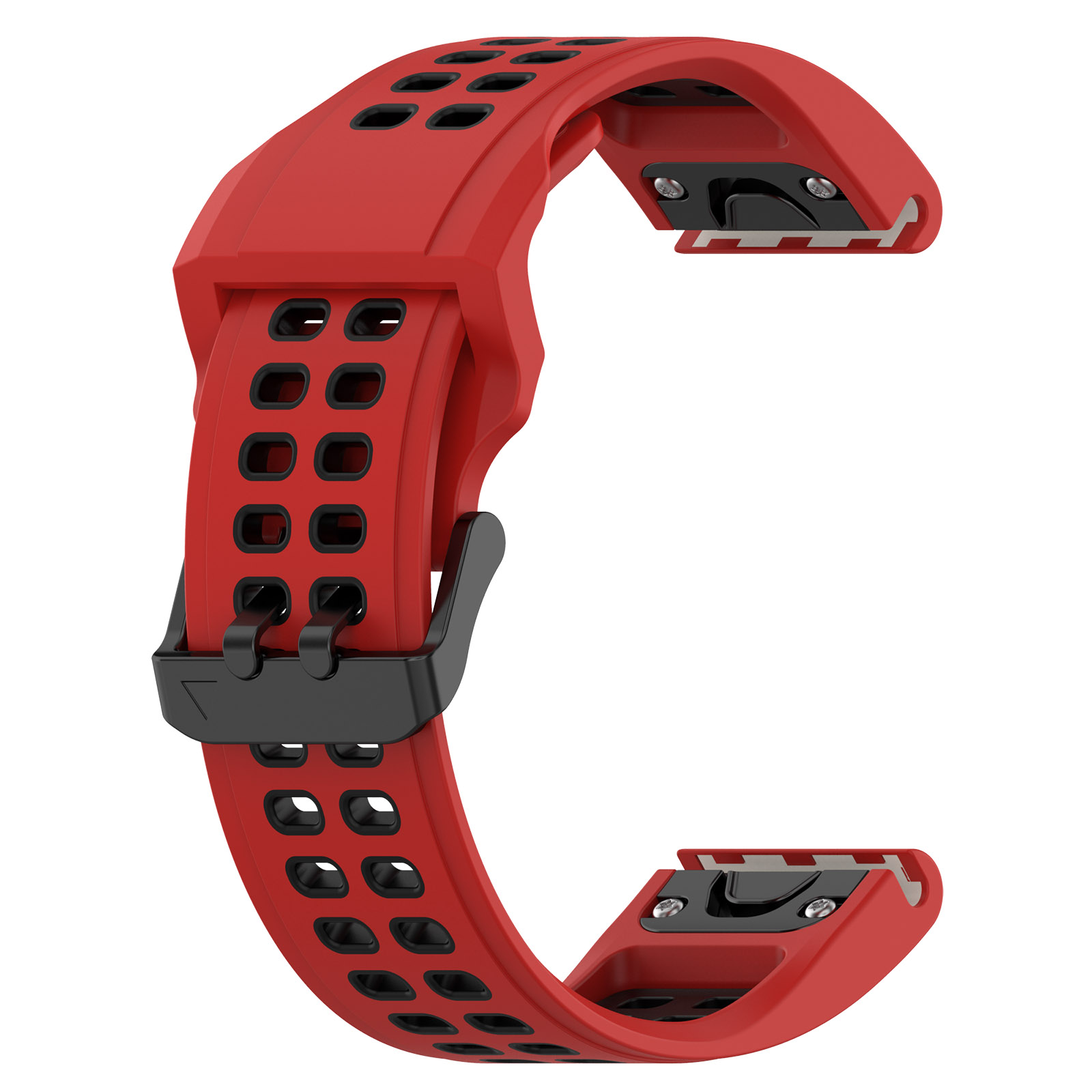 Rotes und schwarzes Uhrenarmband mit Löchern. Schnalle ist schwarz.