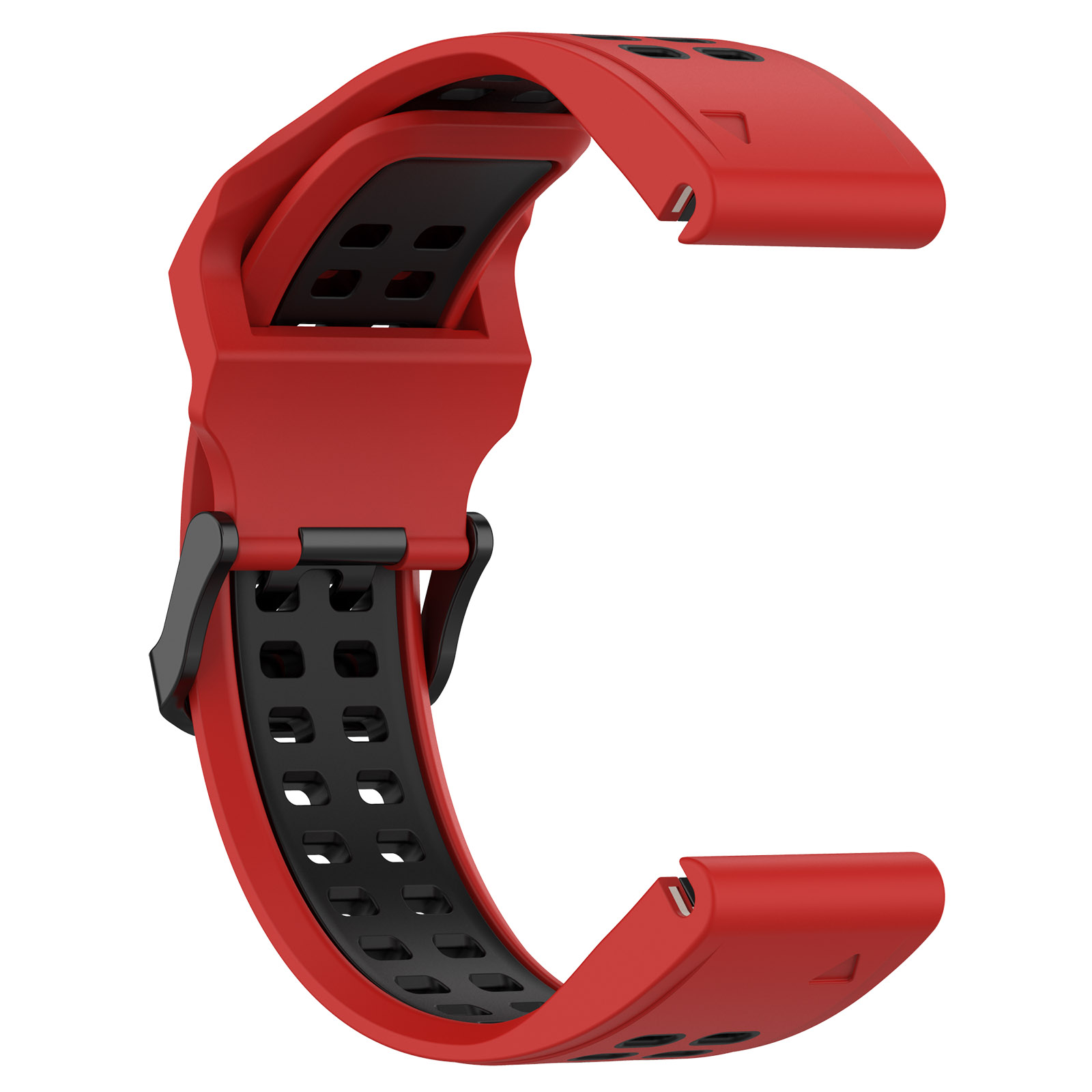 Rotes und schwarzes Armband. Das Armband hat Löcher und eine Schnalle.
