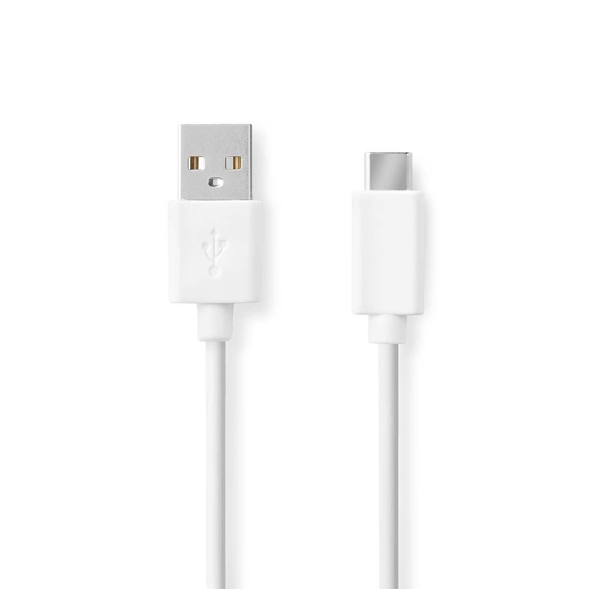 Weißes USB-Kabel mit Steckern an jedem Ende. Das Kabel ist vor weißem Hintergrund.