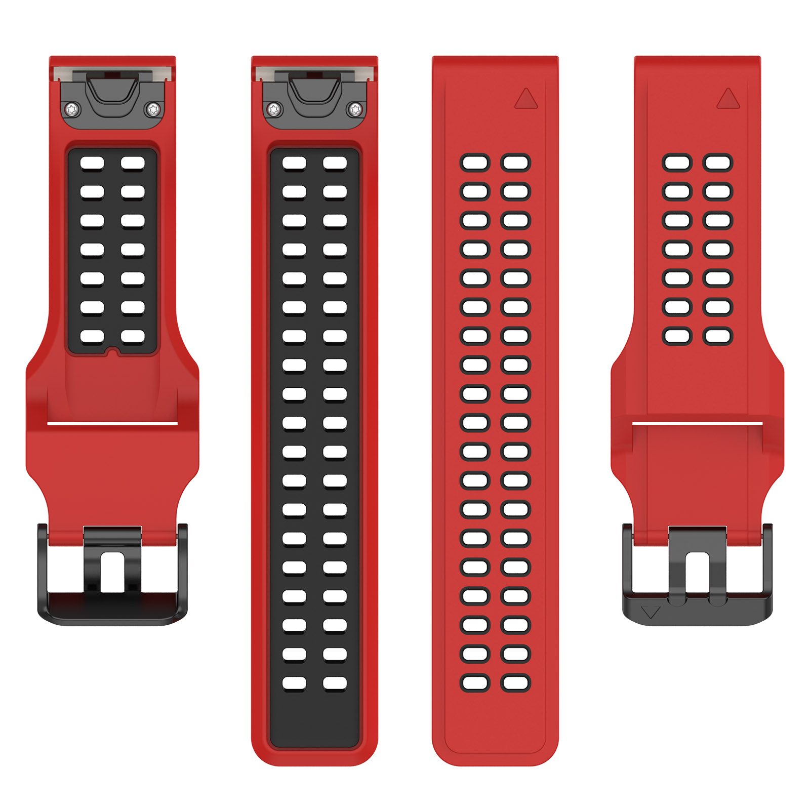 Rote und schwarze Uhrenarmbänder vertikal angeordnet, mit Löchern und Verschlüssen.