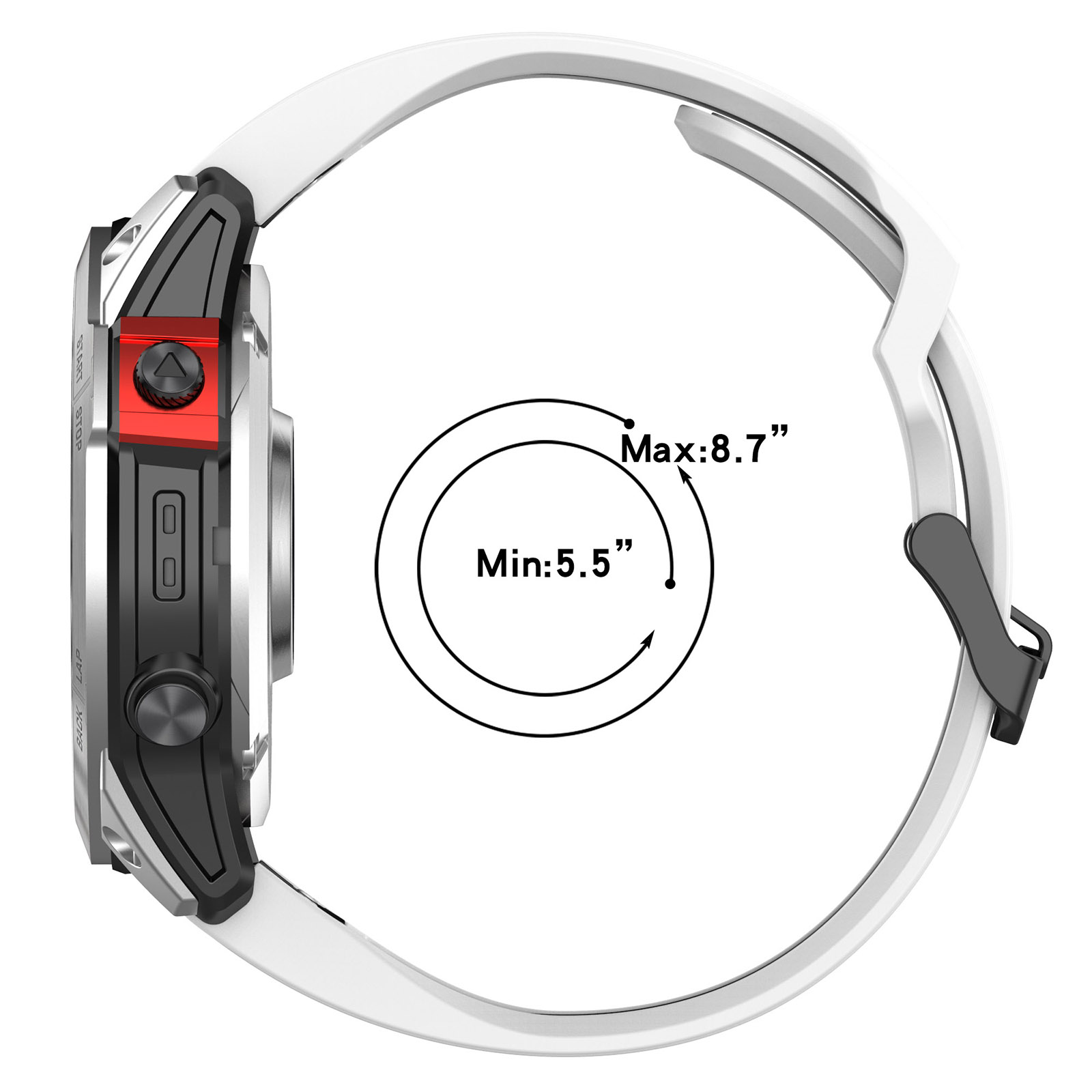 Eine Smartwatch mit weißem Armband, Seitenansicht, mit Handgelenkgrößen.