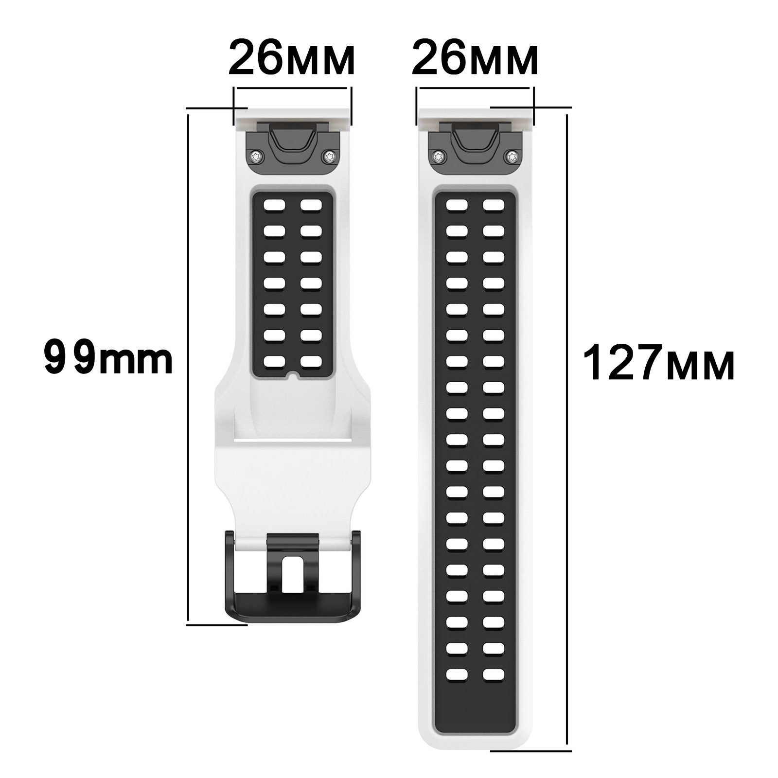 Weiße und schwarze Uhrenarmbänder mit Maßangaben in mm. Armbänder haben Aussparungen.