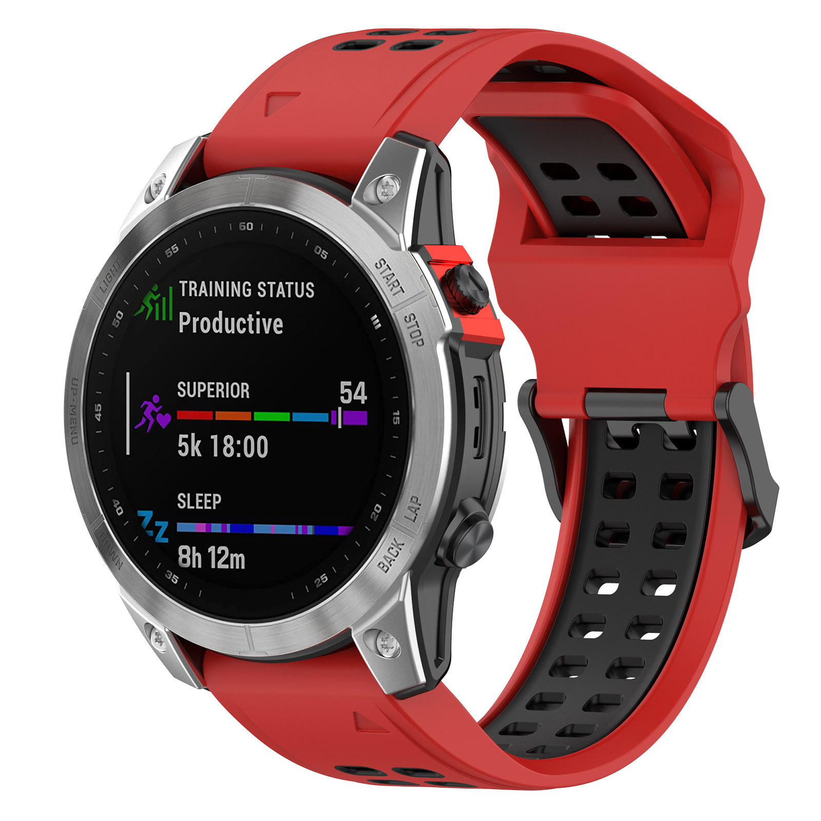 Eine rot-schwarze Smartwatch mit einem Display, das Fitnessdaten anzeigt.