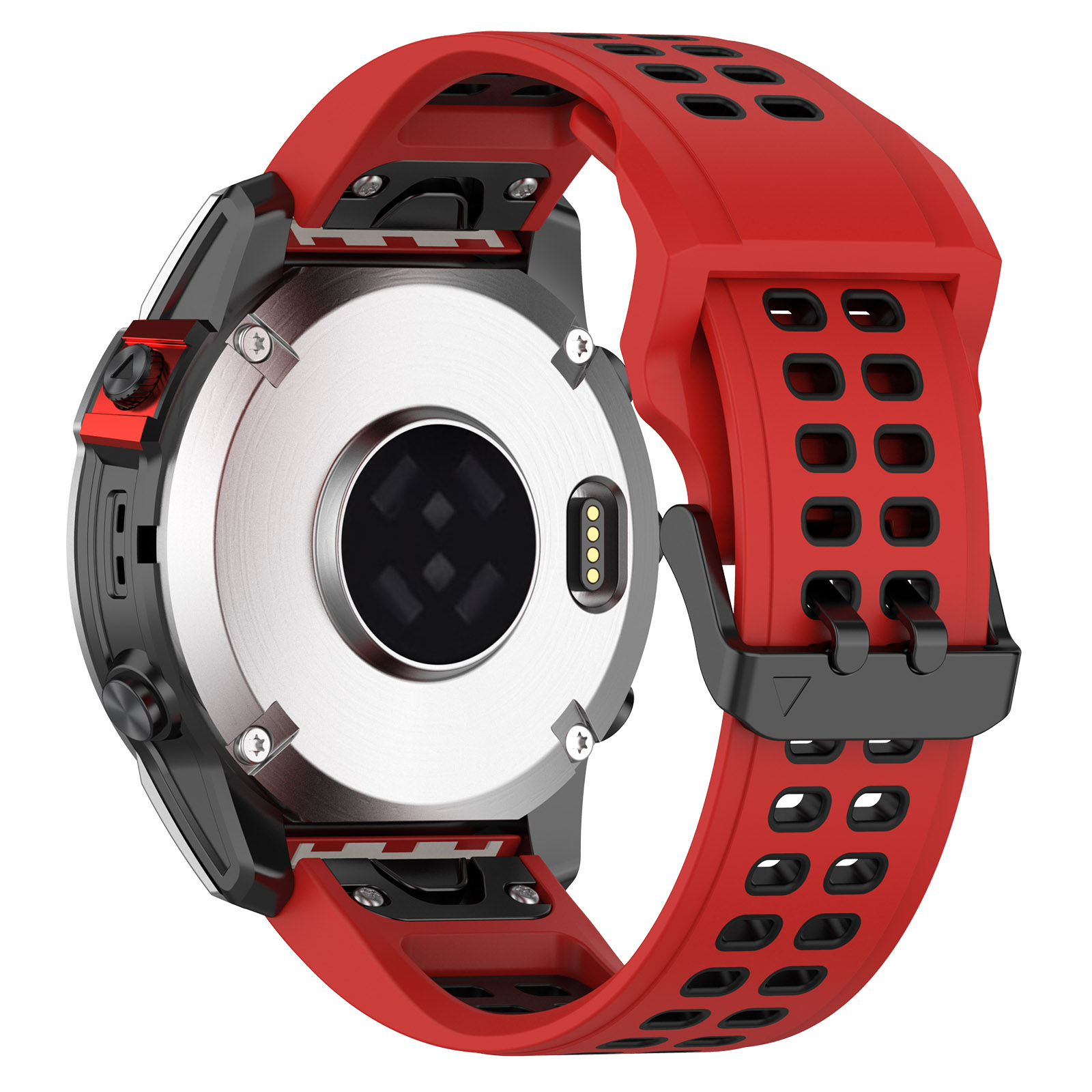 Nahaufnahme einer Smartwatch mit rotem Armband. Die Rückseite zeigt Metall und Ladepunkte.