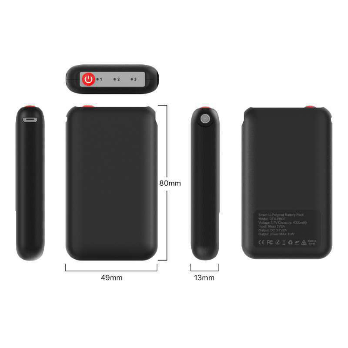 Czarny power bank z wymiarami i przyciskiem zasilania.