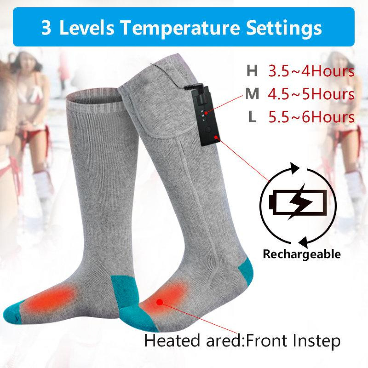 Beheizte Socken mit Bedienfeld, Anzeige der Stufen und geschätzten Stunden. Weißer Hintergrund.