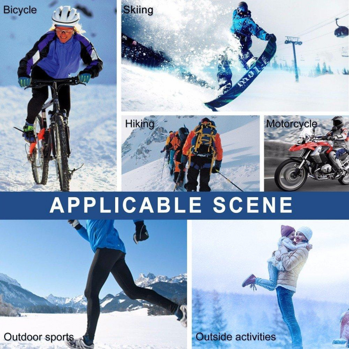 Collage von Wintersportarten und -aktivitäten: Fahrrad, Skifahren, Wandern, Motorrad, Outdoorsport.