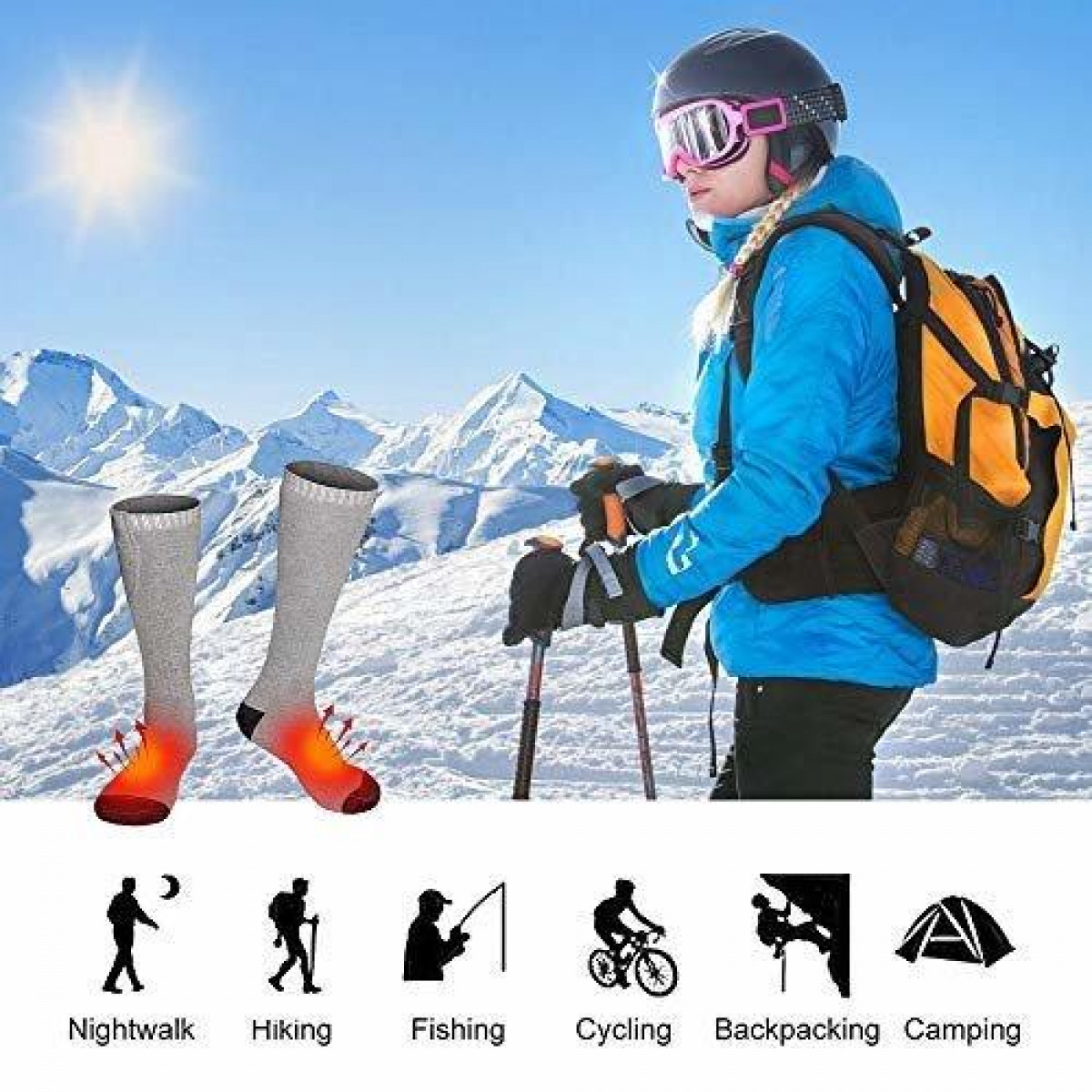 Person in Winterausrüstung mit beheizten Socken. Symbole für Nachtwanderung, Wandern, Angeln, Radfahren, Backpacking, Camping.