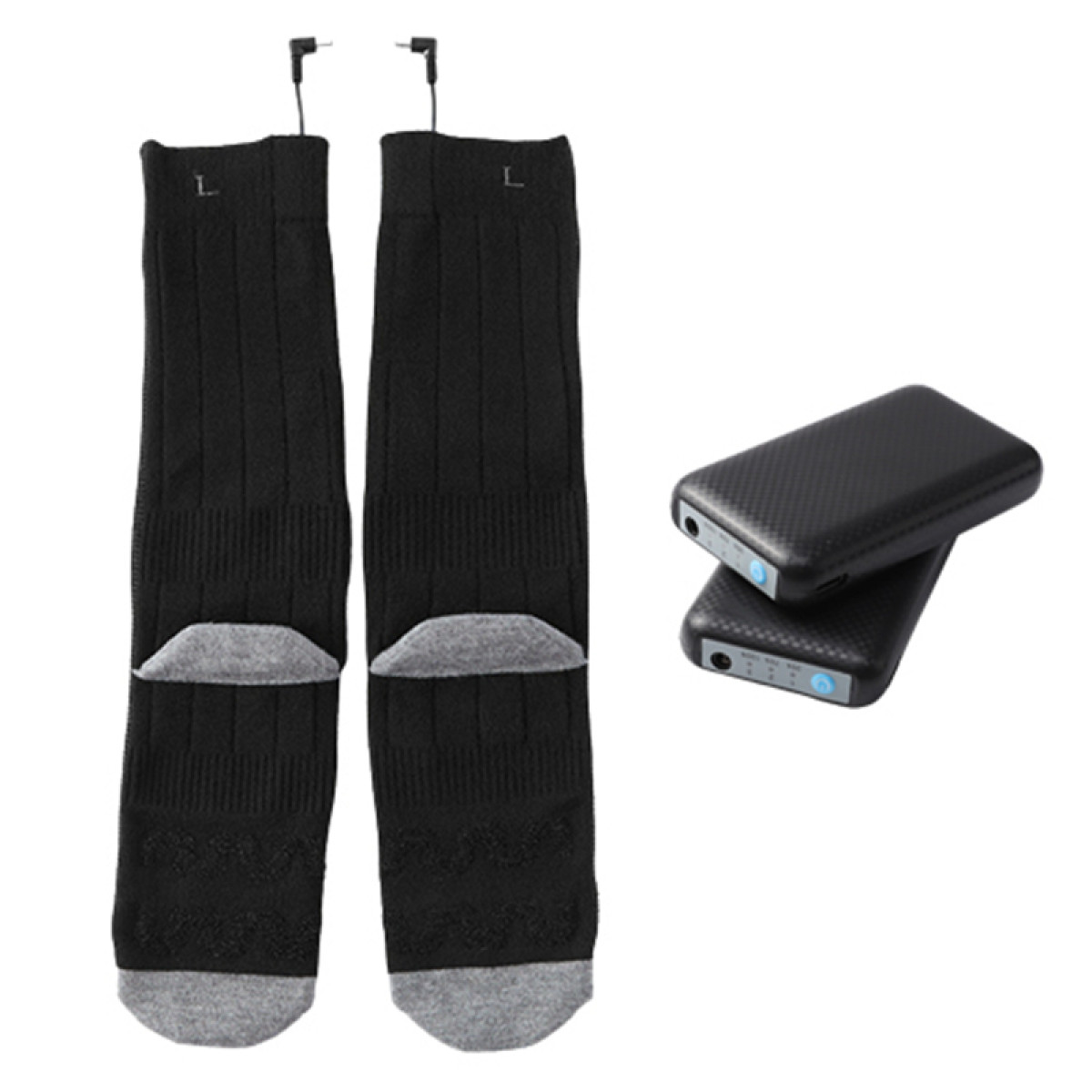 Schwarze Socken mit grauen Fersen und Zehen, verbunden mit schwarzen Powerbanks.