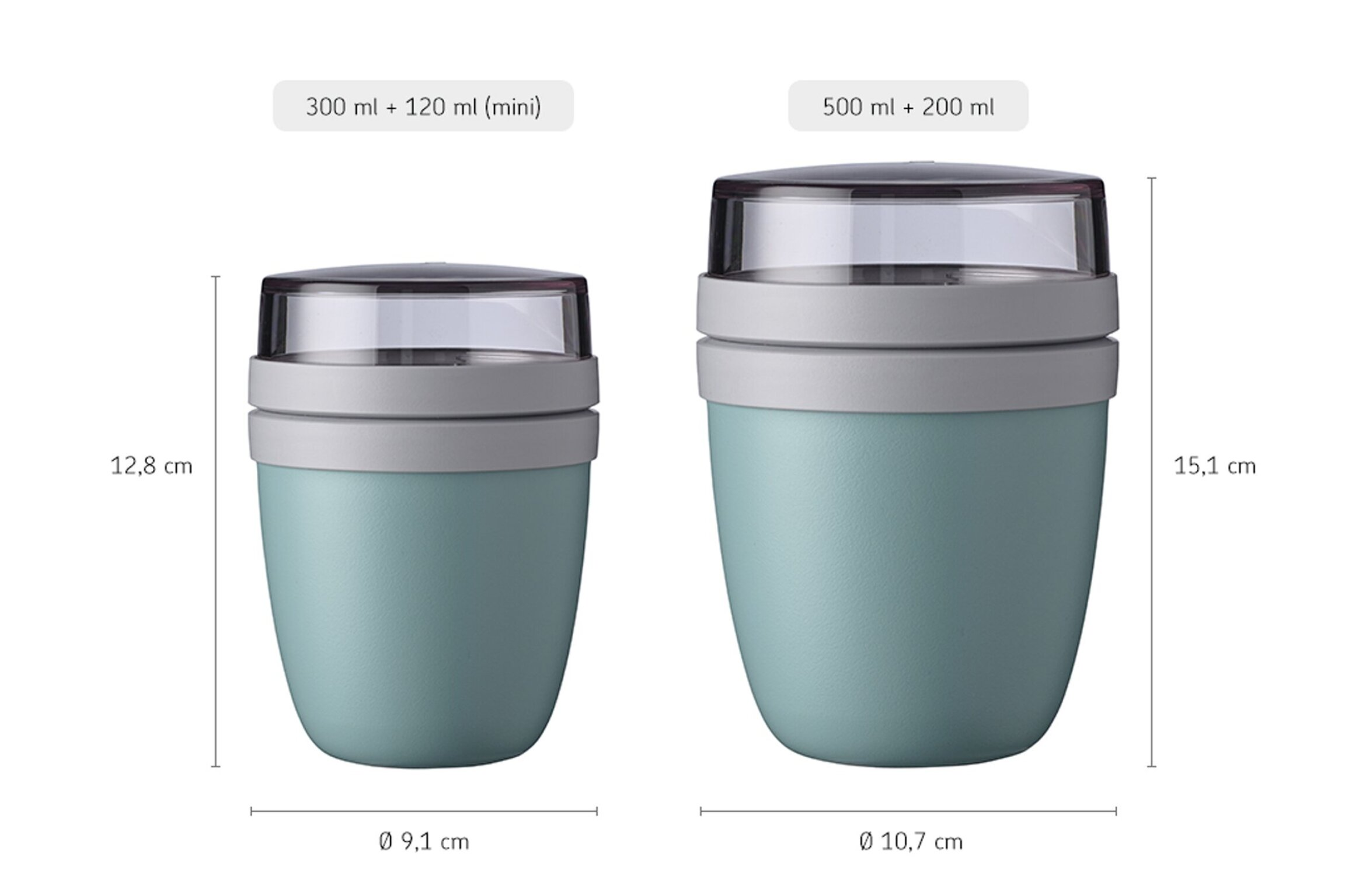 Zwei Lunchboxen. Eine größer, eine kleiner. Beide sind türkis und grau.