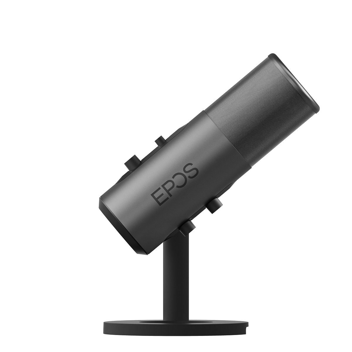Ein schwarzes EPOS-Mikrofon auf einem Ständer. Das Mikrofon ist abgewinkelt und hat das EPOS-Logo.