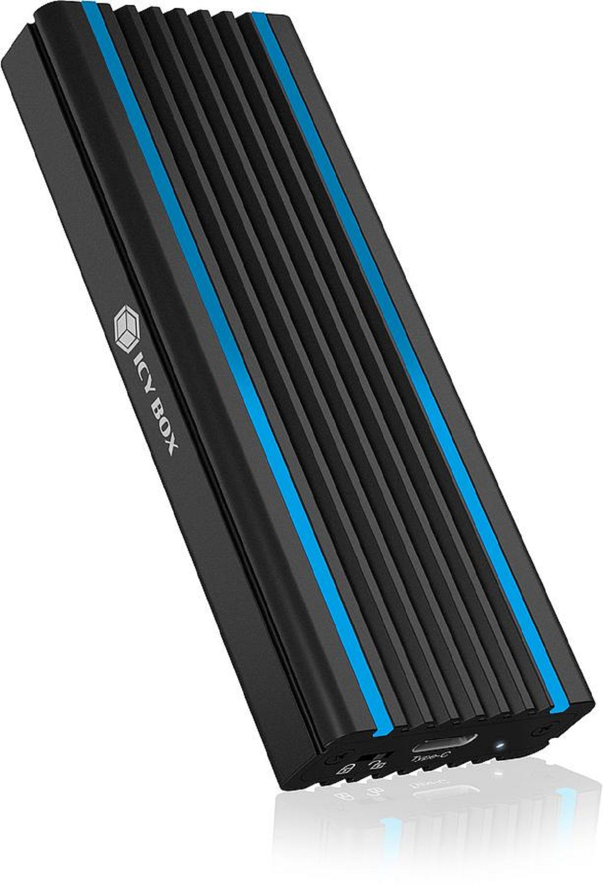 Disco SSD negro con detalles azules y la marca ICY BOX. Tiene puertos USB.