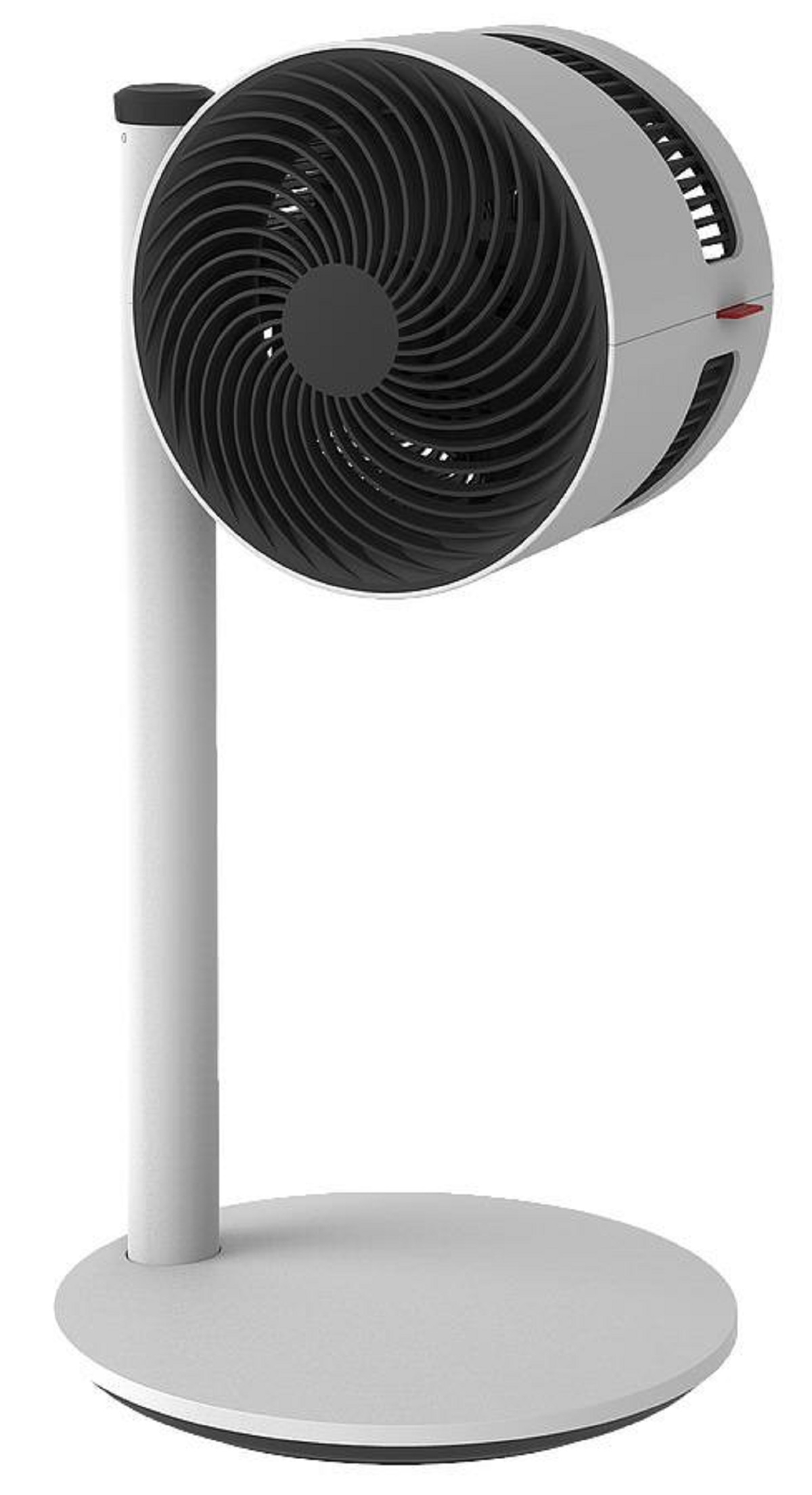 Un ventilateur blanc avec une base ronde et une tête de ventilateur circulaire. Le ventilateur est gris.