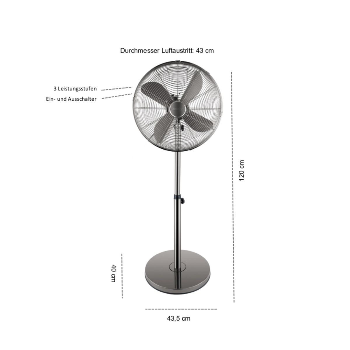 Un ventilador de pie plateado con una rejilla negra. El ventilador está sobre una base circular, con dimensiones.