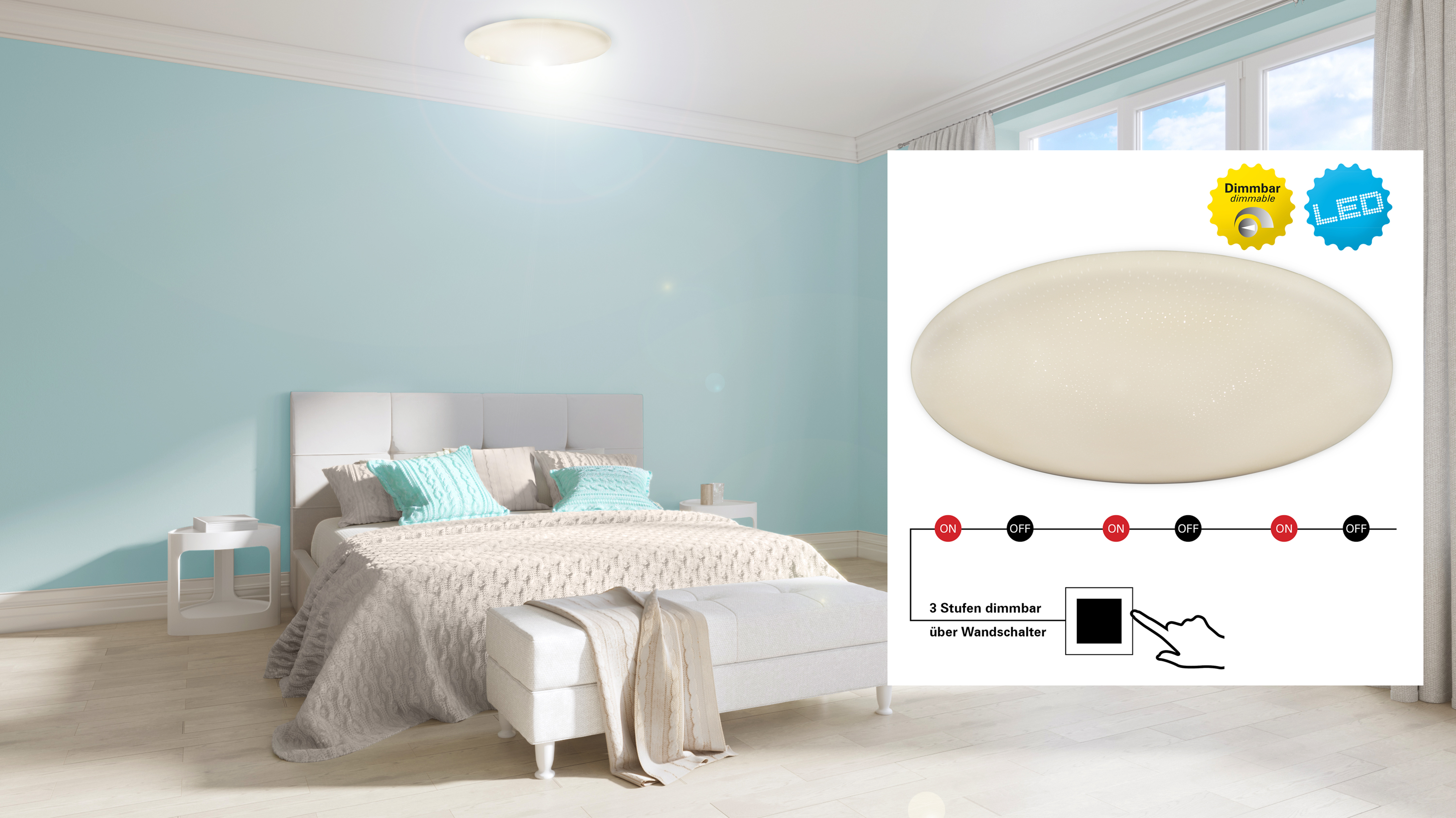 Schlafzimmer mit Bett, Licht und Diagramm. Bett hat blaue Kissen und eine beige Decke.
