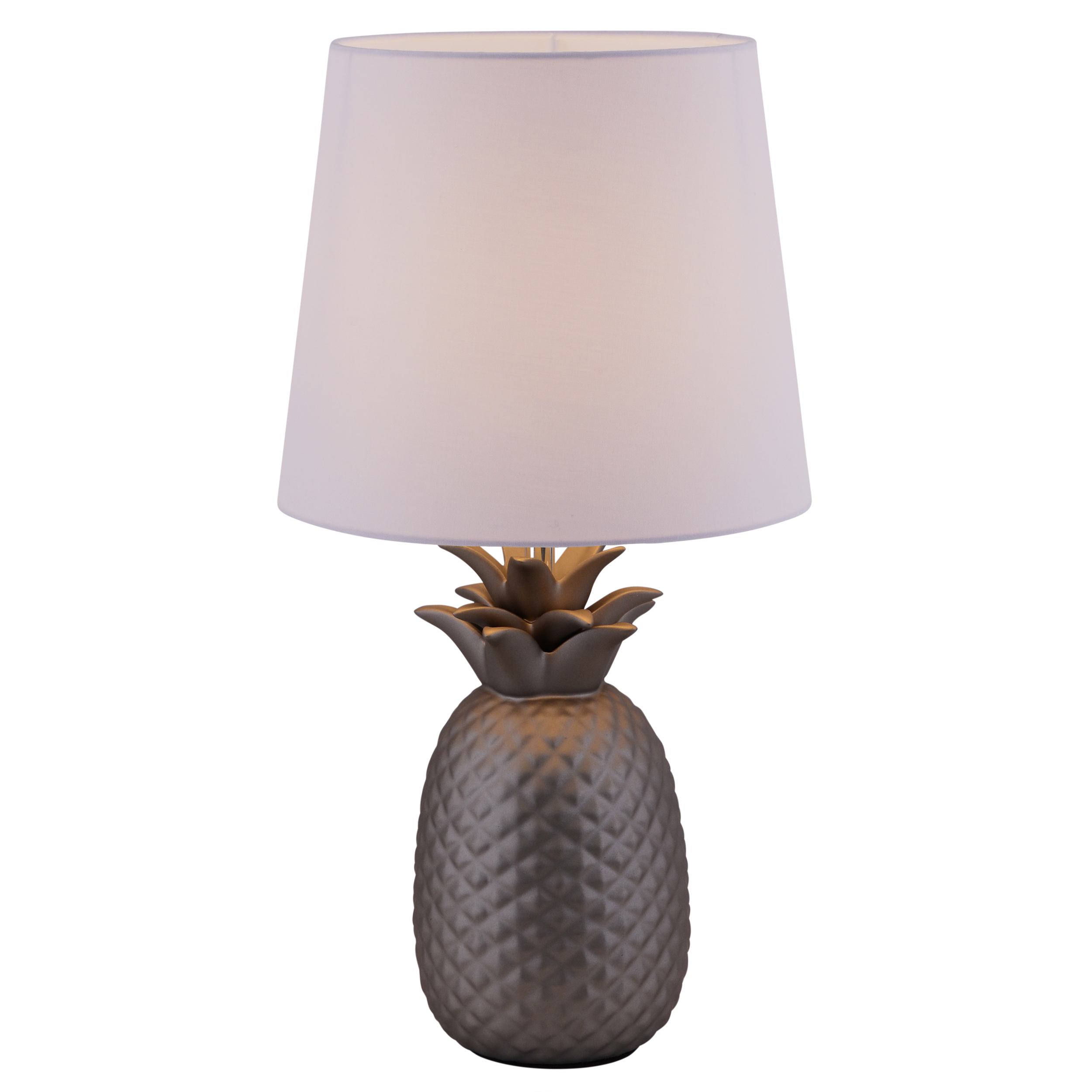 Ananasförmige Tischlampe mit weißem Lampenschirm, goldener Basis.