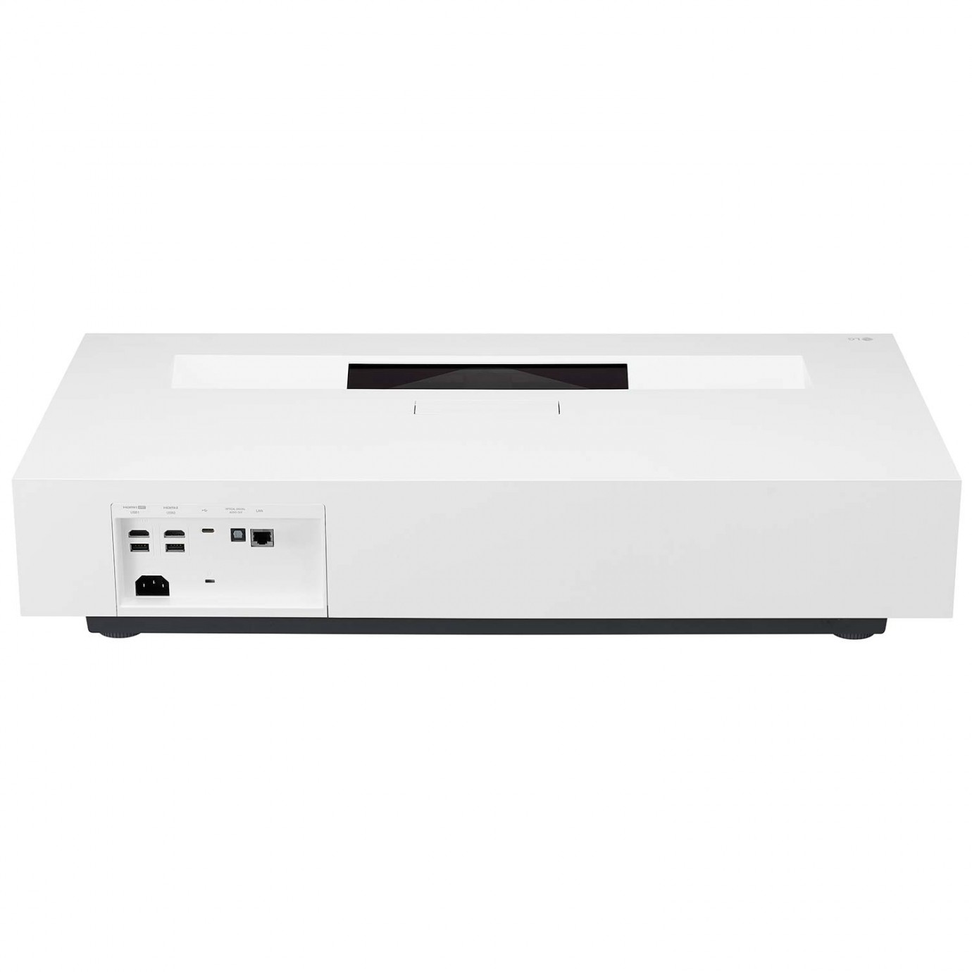 Proyector blanco con detalles negros. Puertos visibles en el lateral.