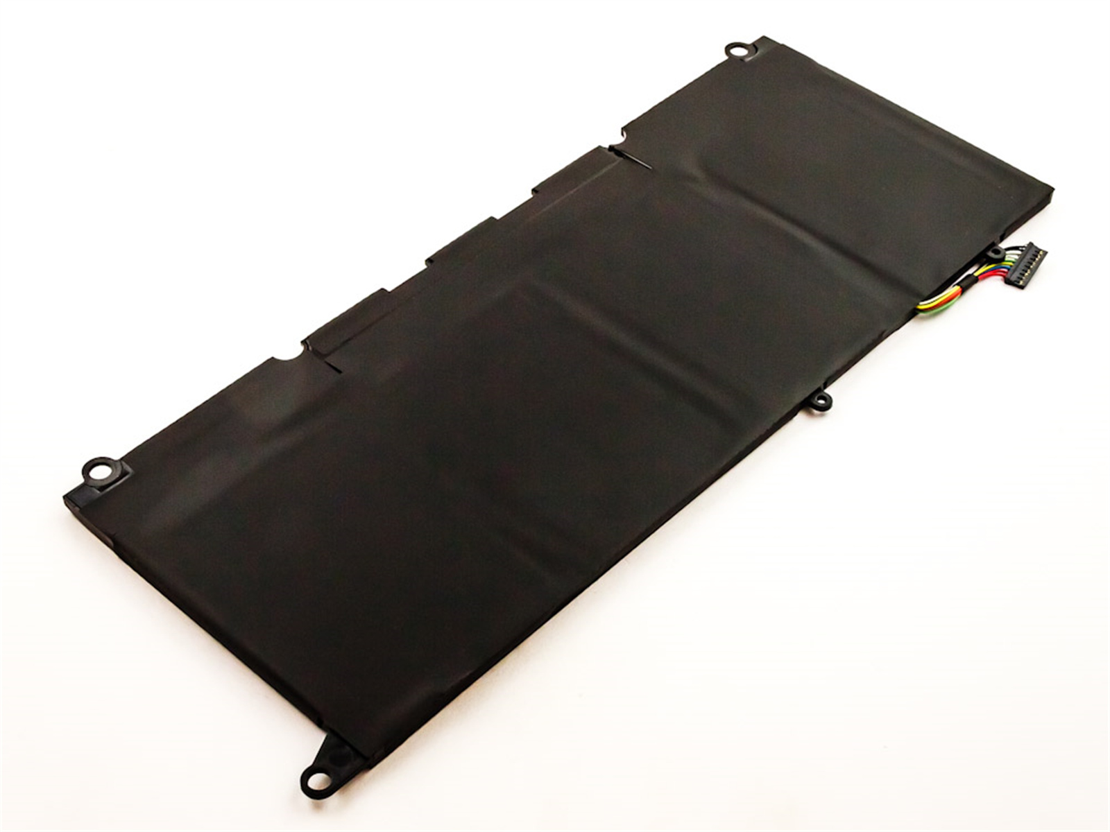 Ein schwarzer Laptop-Akku mit Anschluss auf weißem Untergrund.