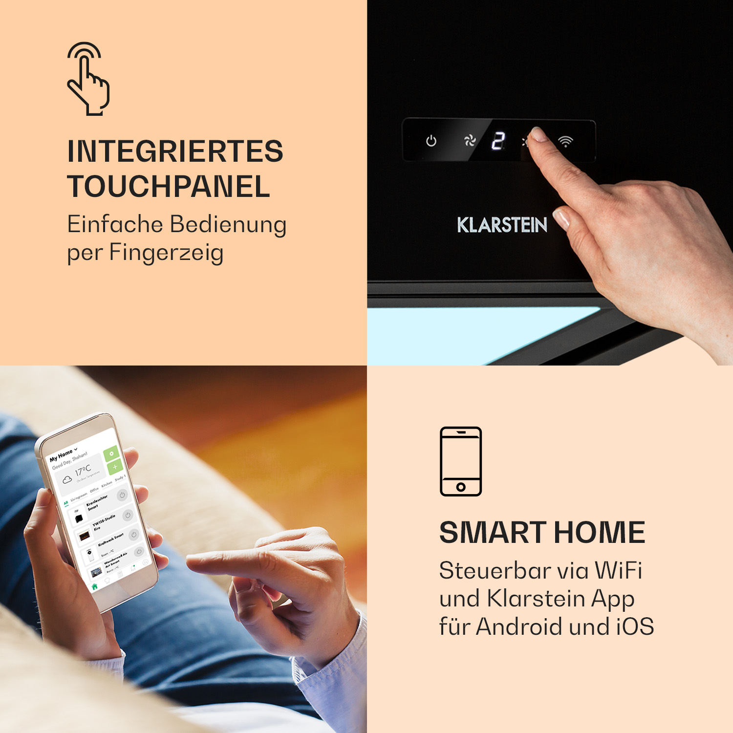 Collage: Hand berührt Gerätebildschirm, Smartphone mit App, Text 'SMART HOME' und Symbol.
