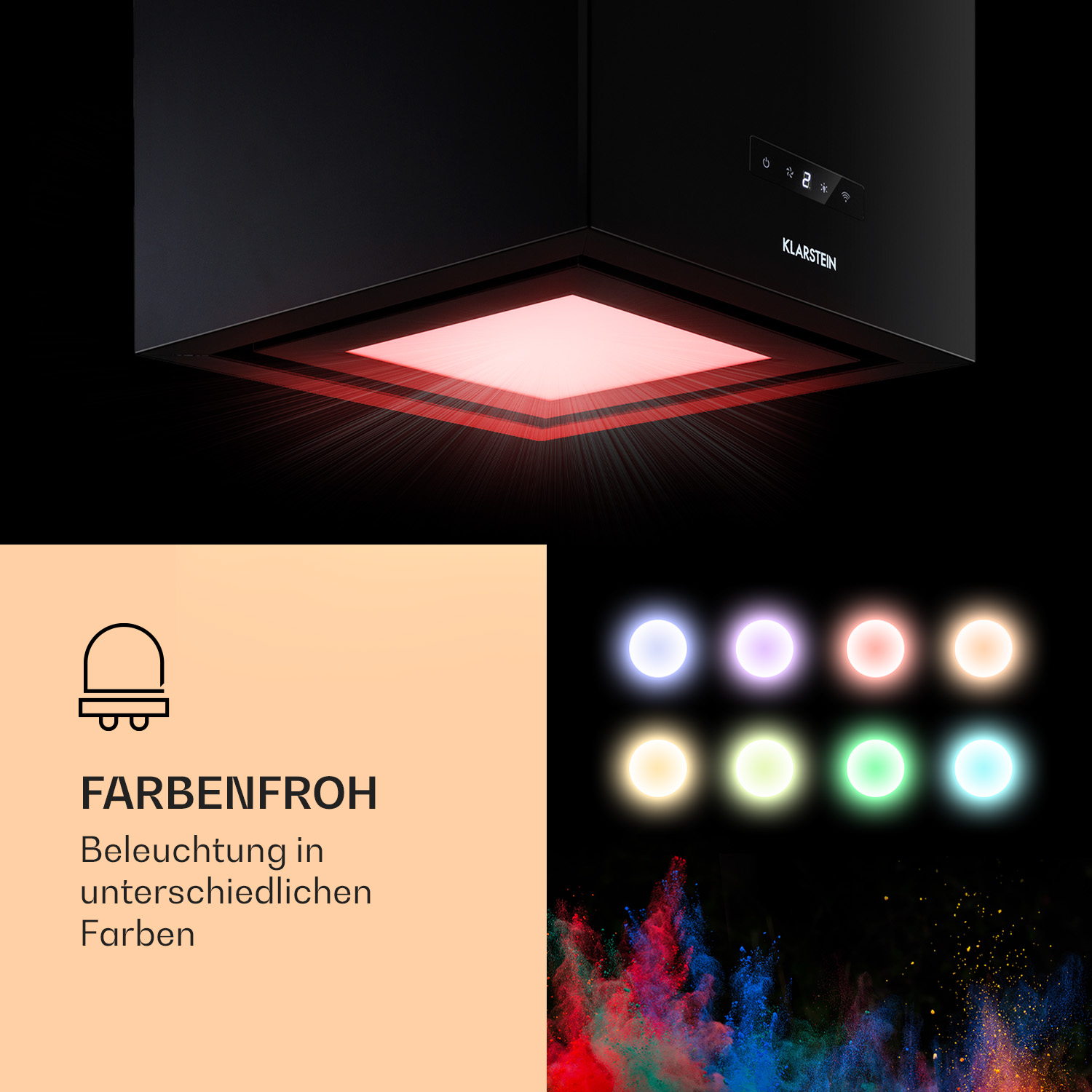 Schwarze Dunstabzugshaube mit rotem Licht und bunten Lichtoptionen. Text: 'Farbenfroh'.